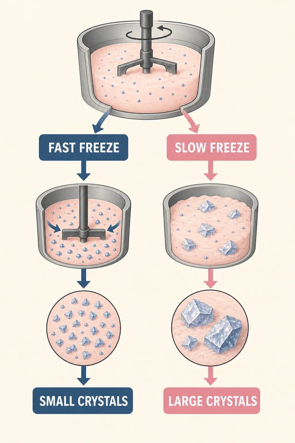 Rapid freezing and constant scraping create many small crystals, while slow freezing or temperature swings allow large gritty crystals to grow.