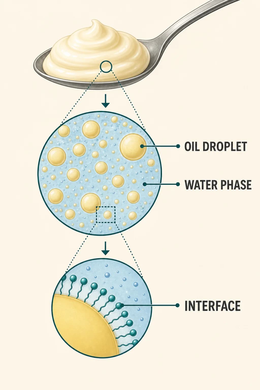 A spoonful of mayonnaise contains many microscopic oil droplets dispersed through a continuous water phase, creating enormous interface area.