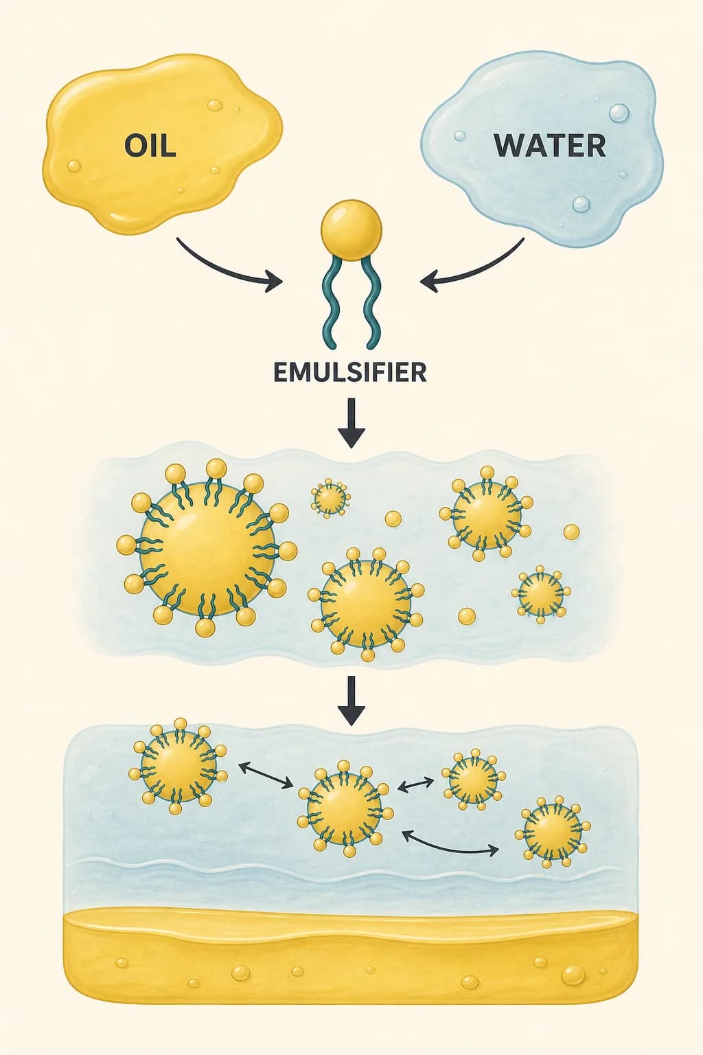 Egg-yolk emulsifier molecules orient between oil and water, coating droplets and slowing their reunion into a separate oil layer.
