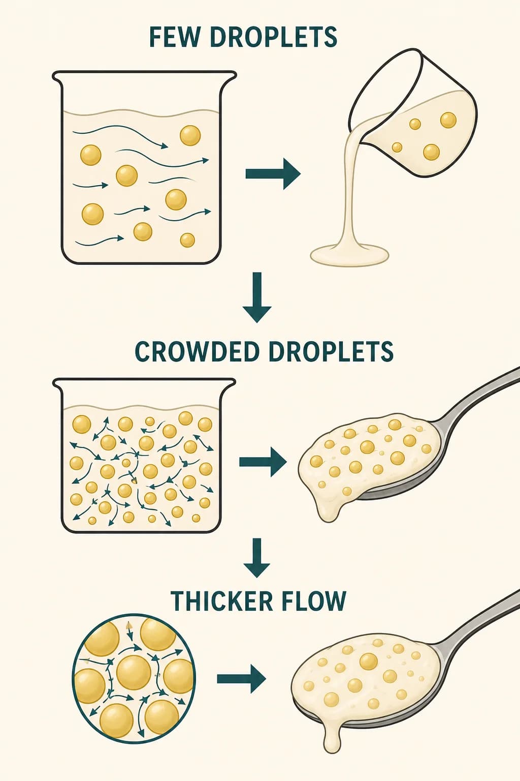 As droplets become smaller and more crowded, they obstruct one another's motion and the emulsion changes from pourable to spoonable.