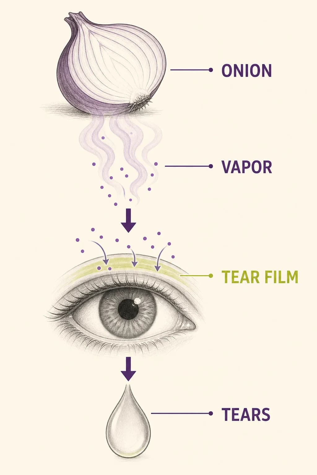 A volatile tear-producing molecule travels through air to the eye, where it dissolves in the tear film and triggers irritation.