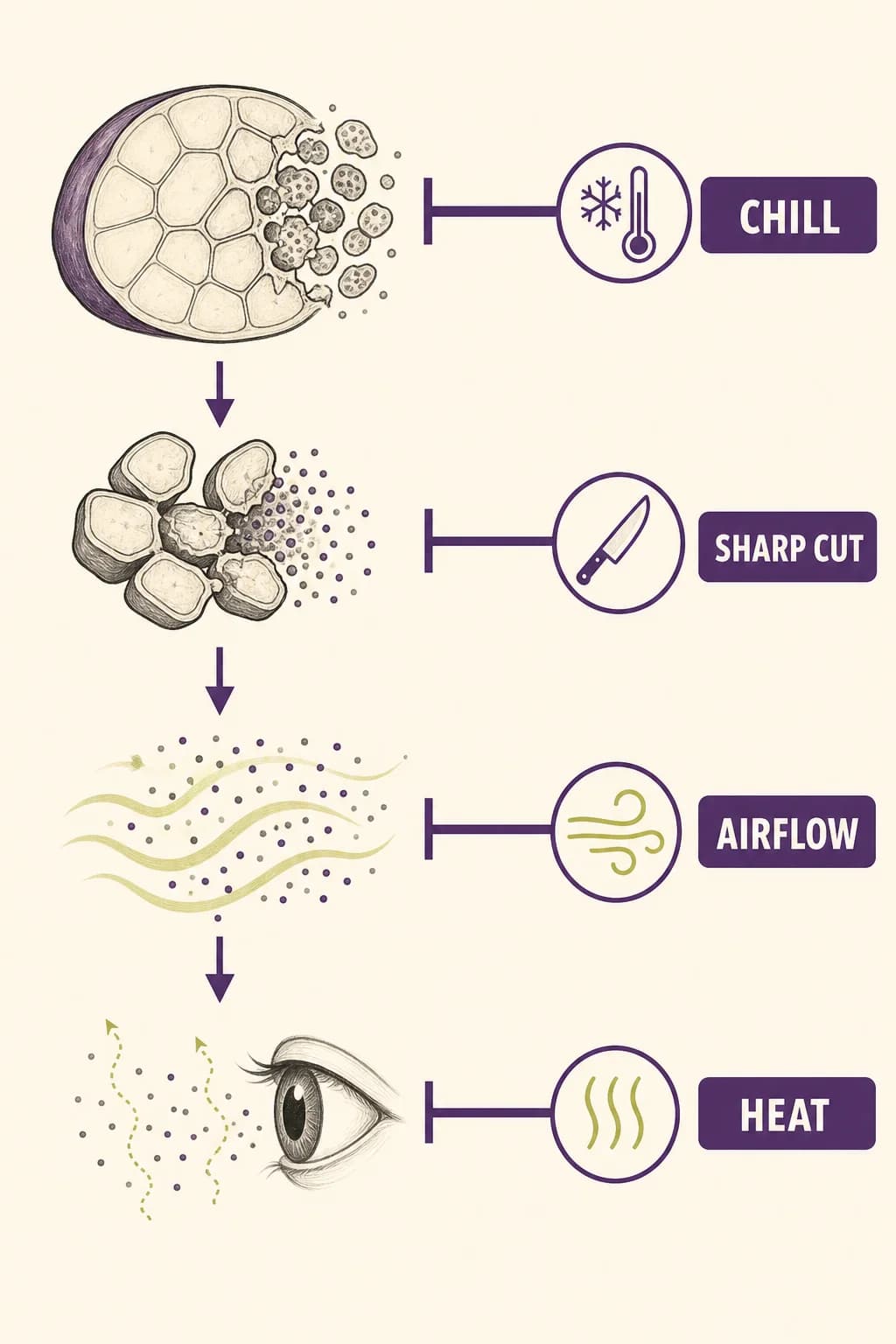 Chilling, sharp cutting, airflow, and heating interrupt different stages of the chain from cell damage to eye exposure.