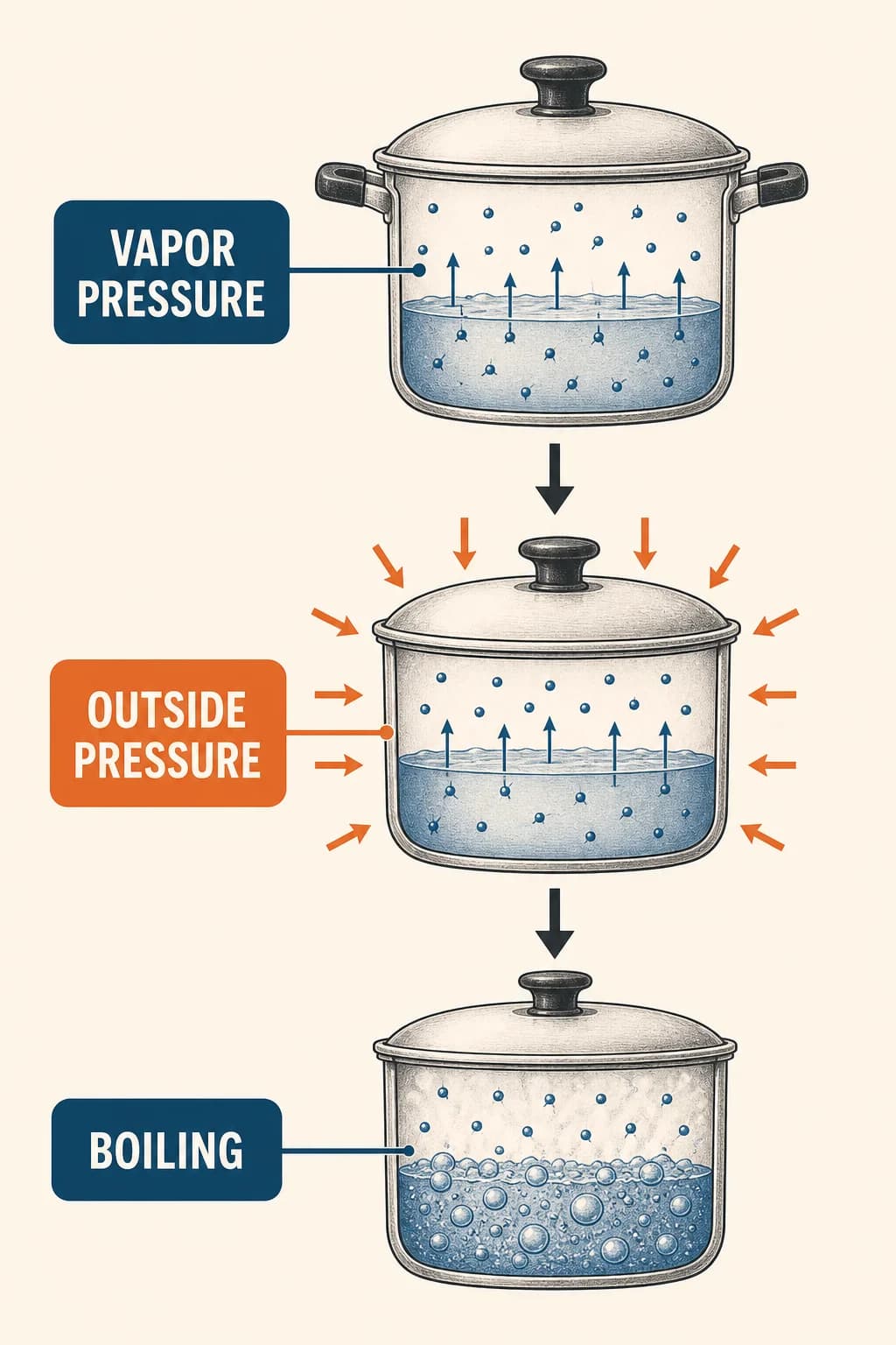Water boils when vapor pressure matches the surrounding pressure, so a sealed pot at higher pressure reaches a higher boiling temperature.