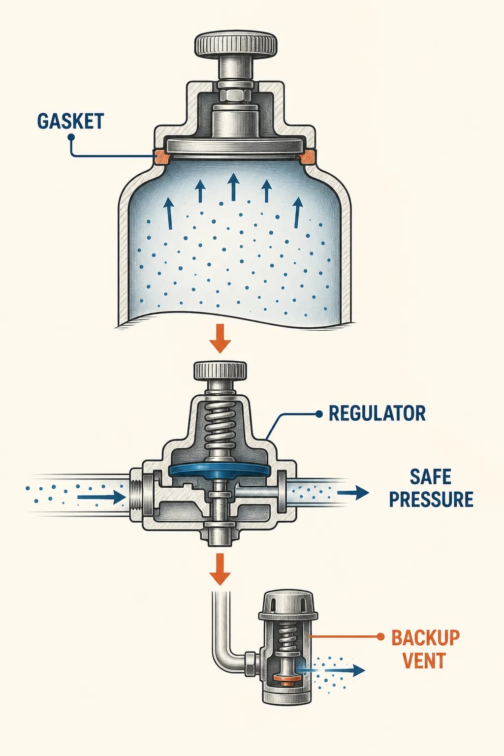 A gasket seals the vessel while a regulator and backup safety path limit pressure instead of allowing indefinite buildup.