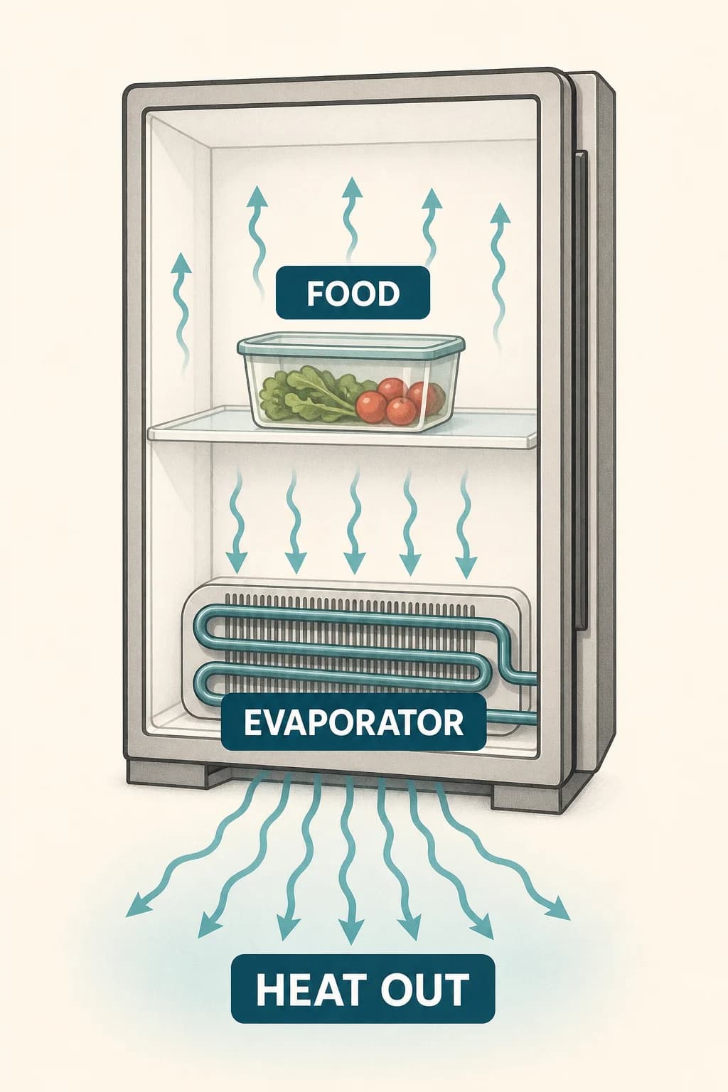 A cold evaporator absorbs heat from food and air inside the cabinet; the cabinet becomes cold because heat leaves it.