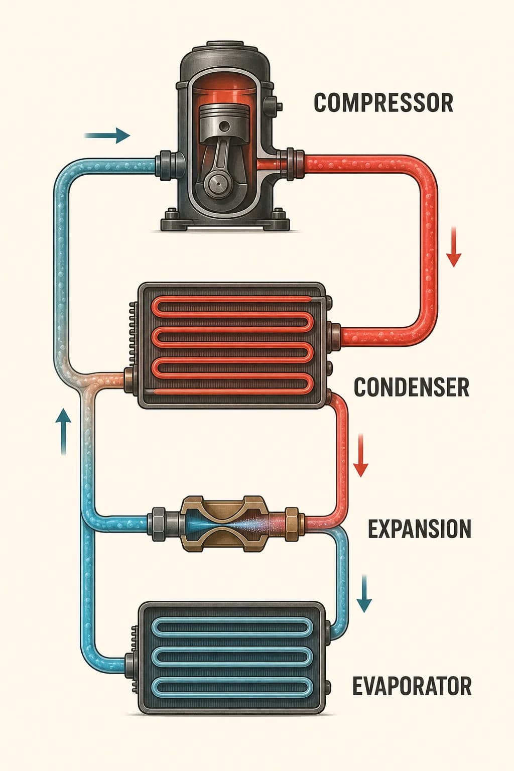 Compression and expansion create a hot high-pressure side and a cold low-pressure side in one closed refrigerant loop.