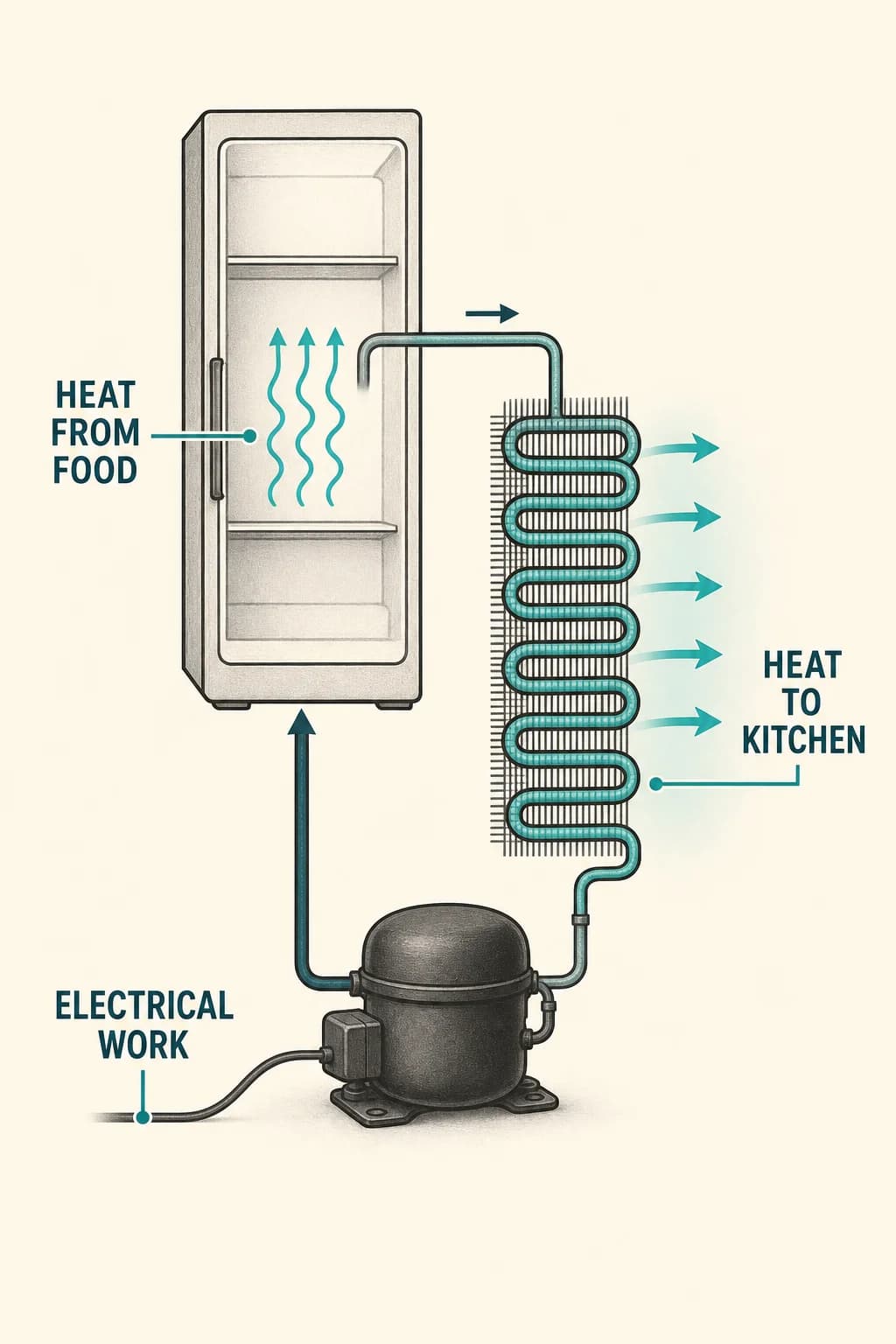 The condenser releases the heat removed from the cabinet plus the electrical work added by the compressor into the kitchen.