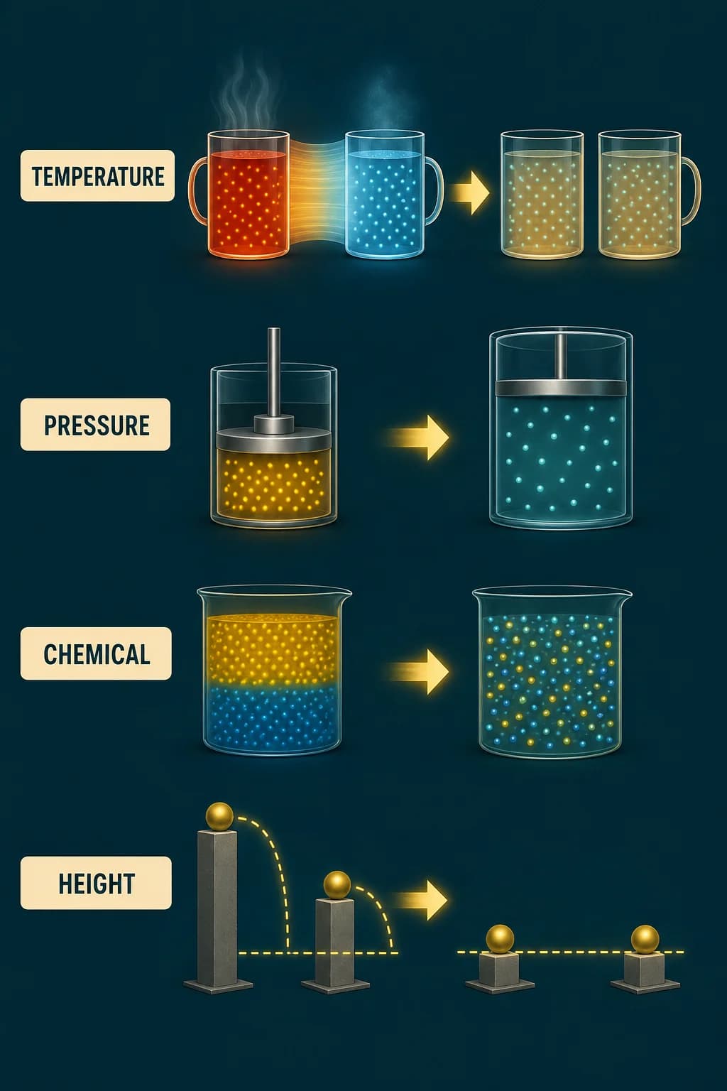 Four paired systems begin with useful differences; hot and cold, compressed and expanded, separated chemicals, raised and lowered mass; then compare which differences remain after spontaneous change.