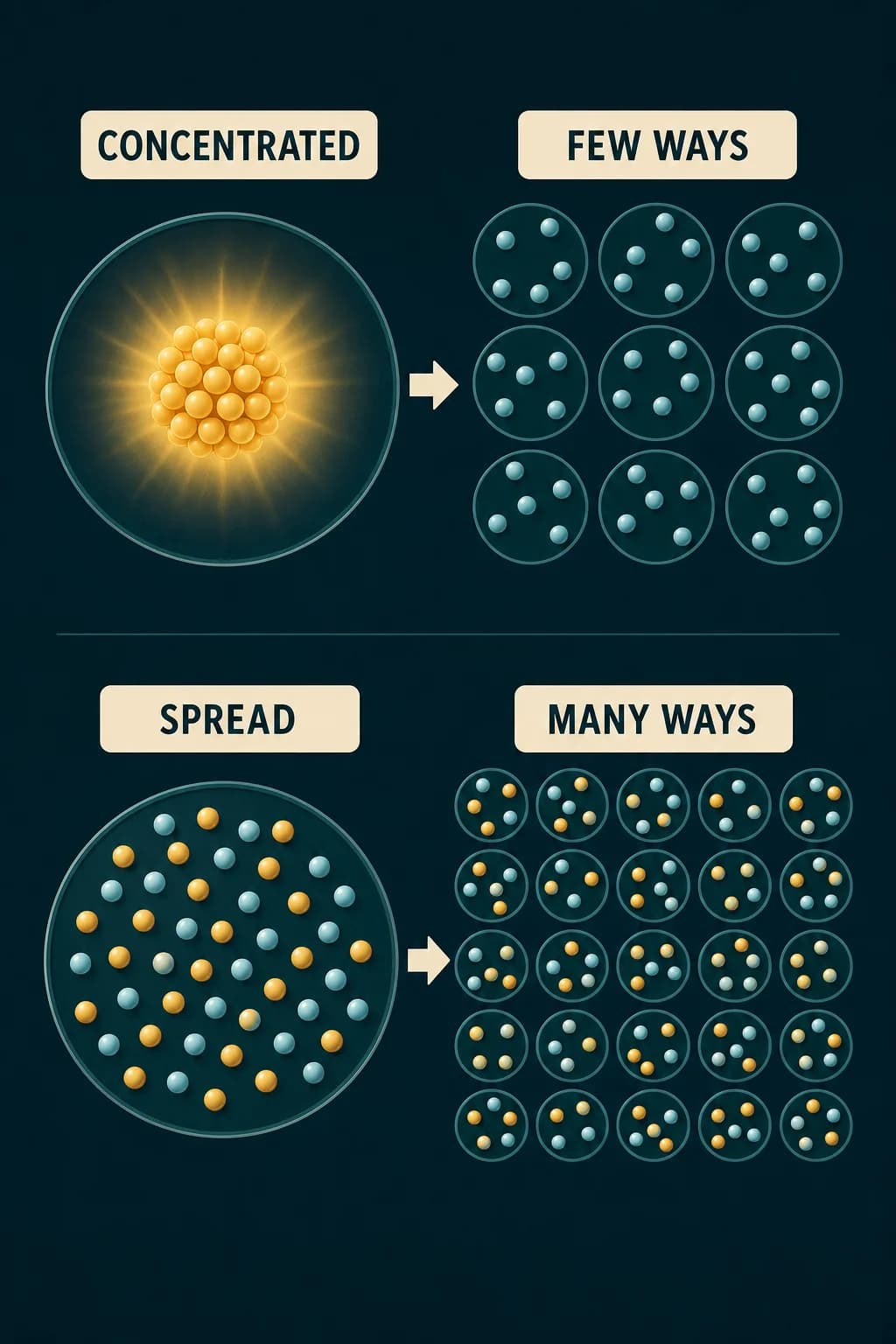 A two-compartment molecular view compares a rare concentrated-energy macrostate with many distinct dispersed microstates, followed by mixed particles occupying far more arrangements than separated particles.