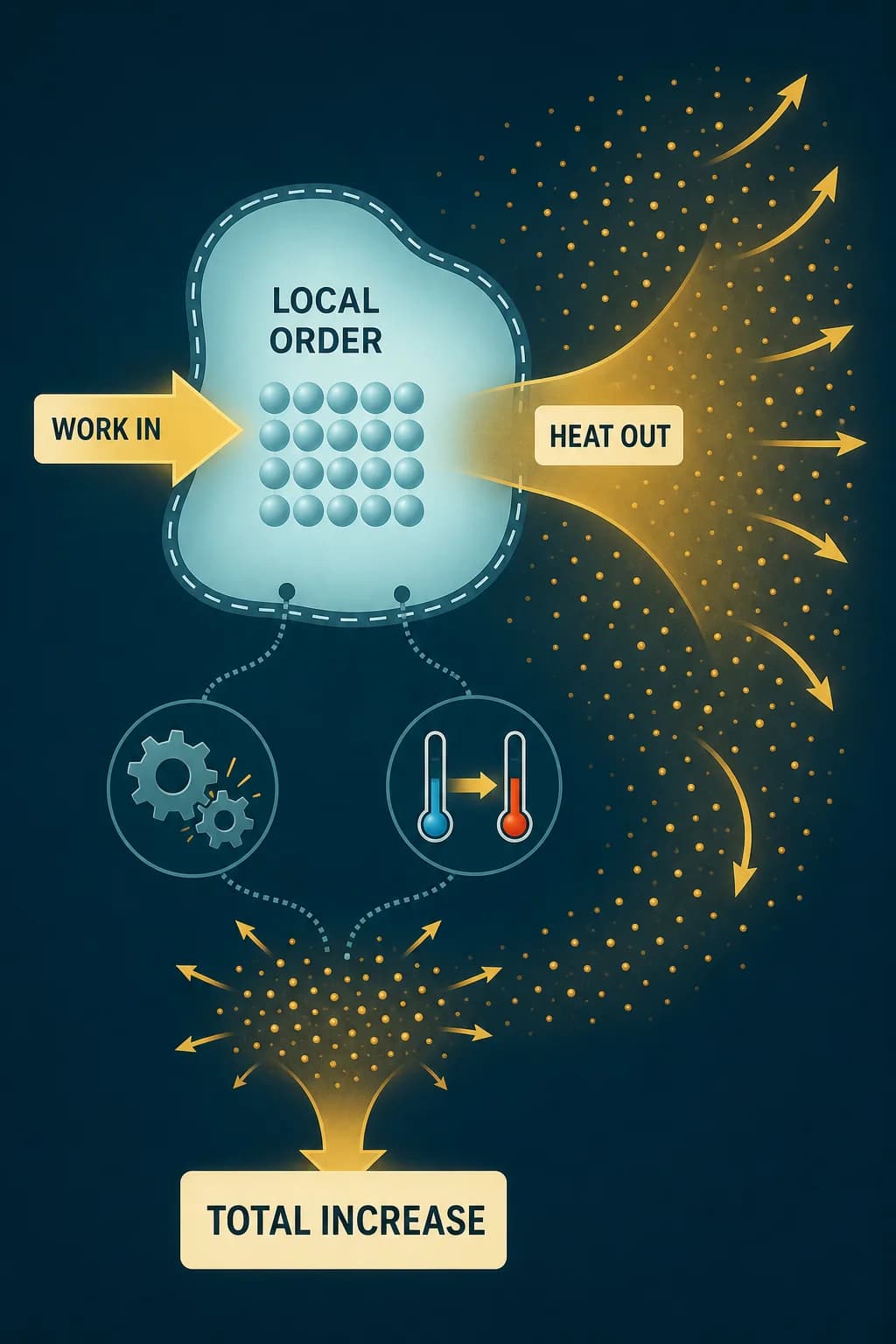 A local system becomes colder or more separated while a work arrow enters and a broader waste-heat path spreads into the surroundings; friction and finite temperature gaps branch to entropy generation.