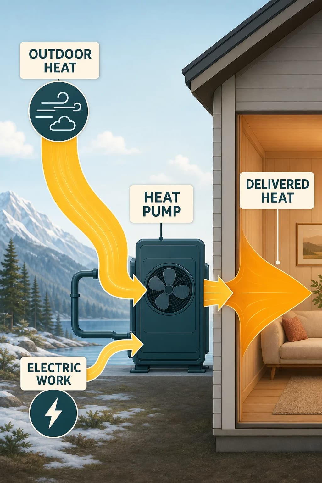 An energy-accounting diagram shows a broad outdoor heat path and a narrower electrical-work path joining at the heat pump, with their combined stream entering the warm building.
