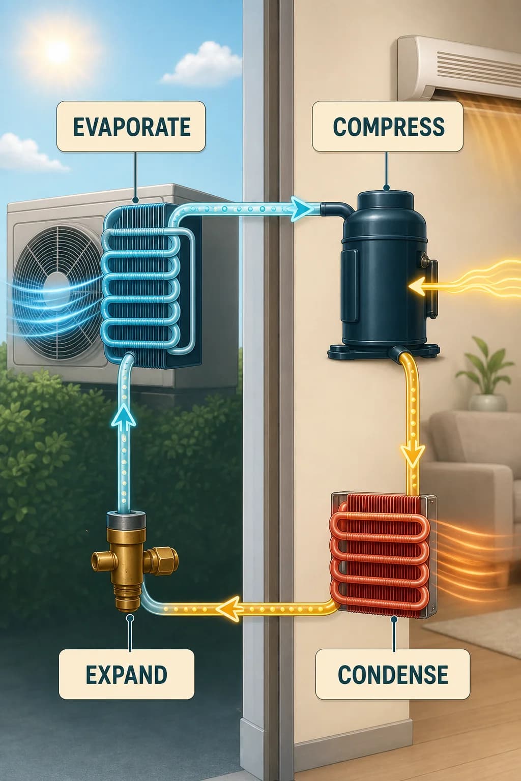 A four-part refrigerant loop crosses an outdoor and indoor boundary: evaporator absorbs heat, compressor adds work, condenser releases heat, and expansion device resets low pressure.