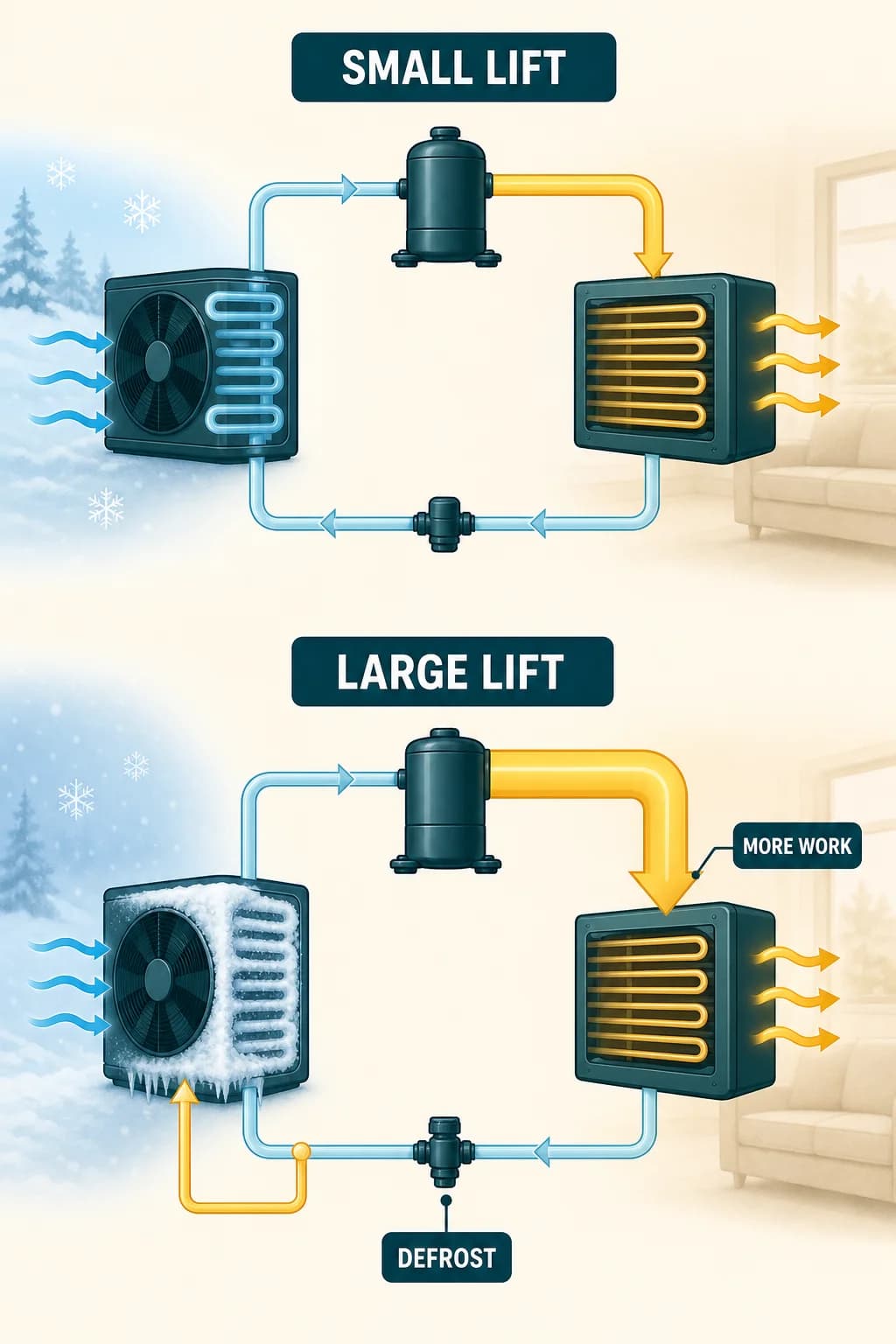 Two heat-pump routes compare a small and large temperature lift; the larger gap shows a thicker compressor-work path, reduced performance, and a defrost branch around a frosted coil.