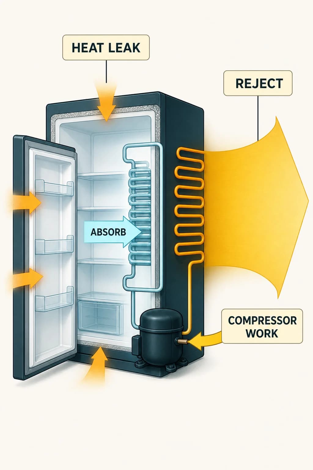 A cabinet energy balance shows heat leaking through walls and an open door, the evaporator absorbing it, and the room receiving a larger condenser stream equal to removed heat plus compressor work.