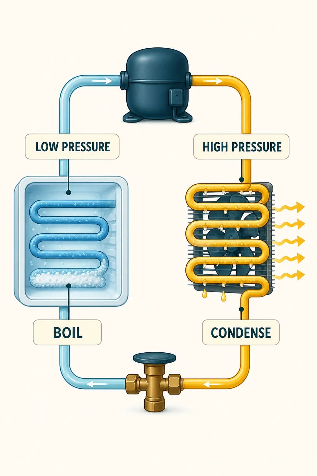 A four-state pressure-temperature loop shows low-pressure boiling inside, compression, high-pressure condensation outside, and expansion back to a cold mixture.