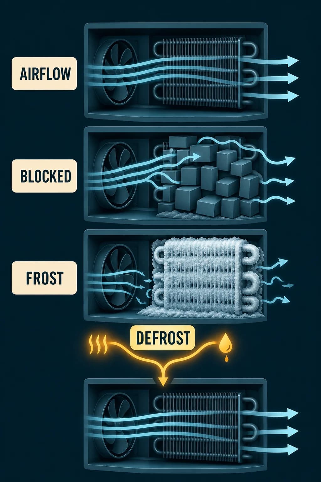 Three evaporator comparisons show open airflow, blocked airflow from packed items, and frost buildup; a defrost branch clears the coil and restores the circulating air path.