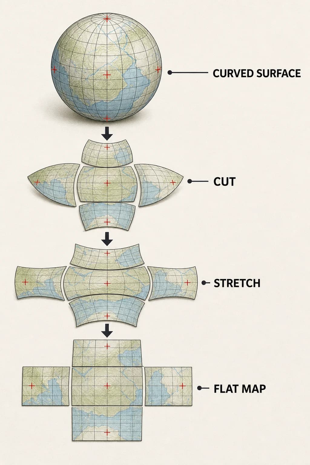 A spherical gridded surface is opened onto a plane; the flat version must split, overlap, or stretch instead of preserving every grid cell.