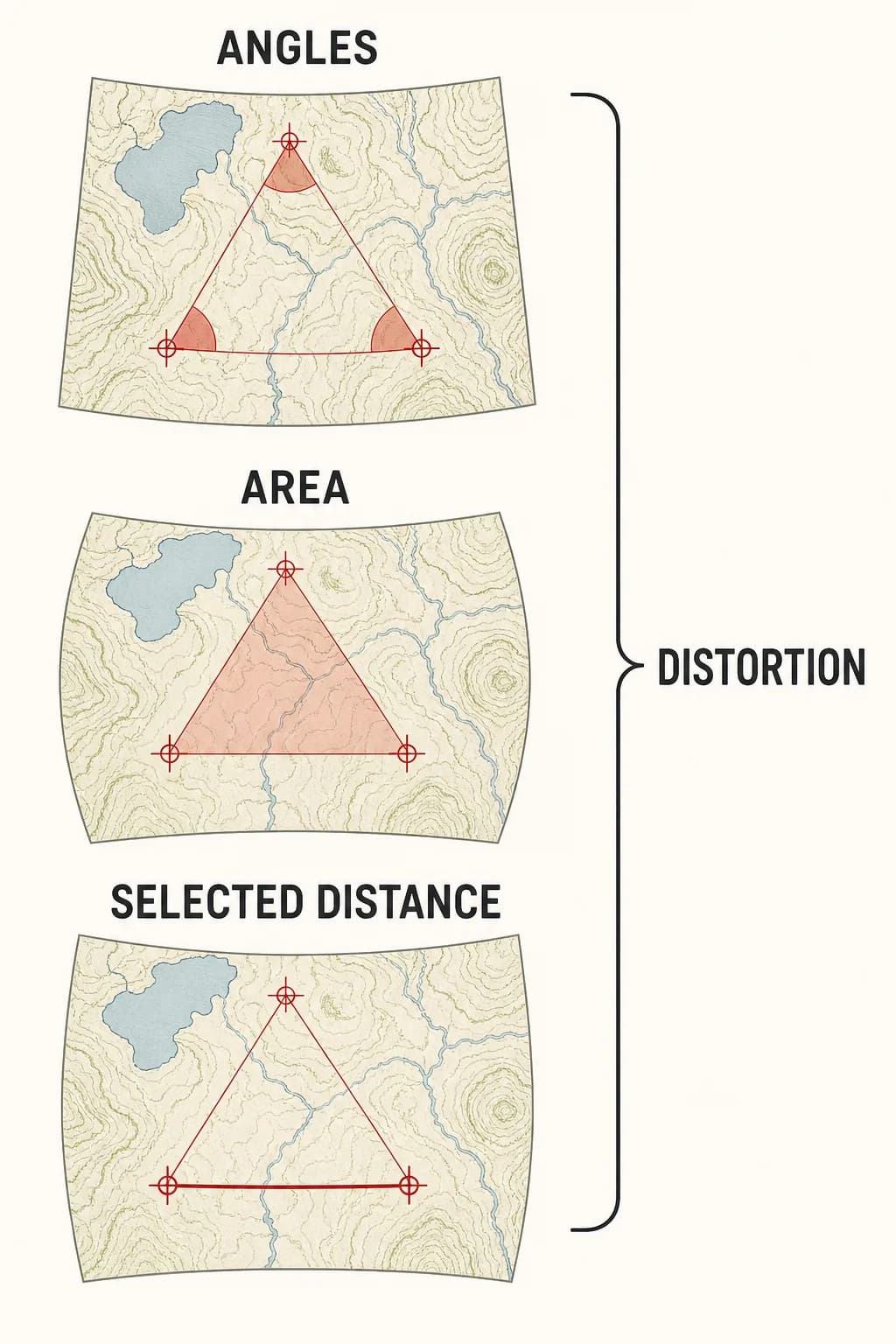 Three stacked maps labeled ANGLES, AREA, and SELECTED DISTANCE. One brace spans all three and has the single DISTORTION label. don't repeat labels.