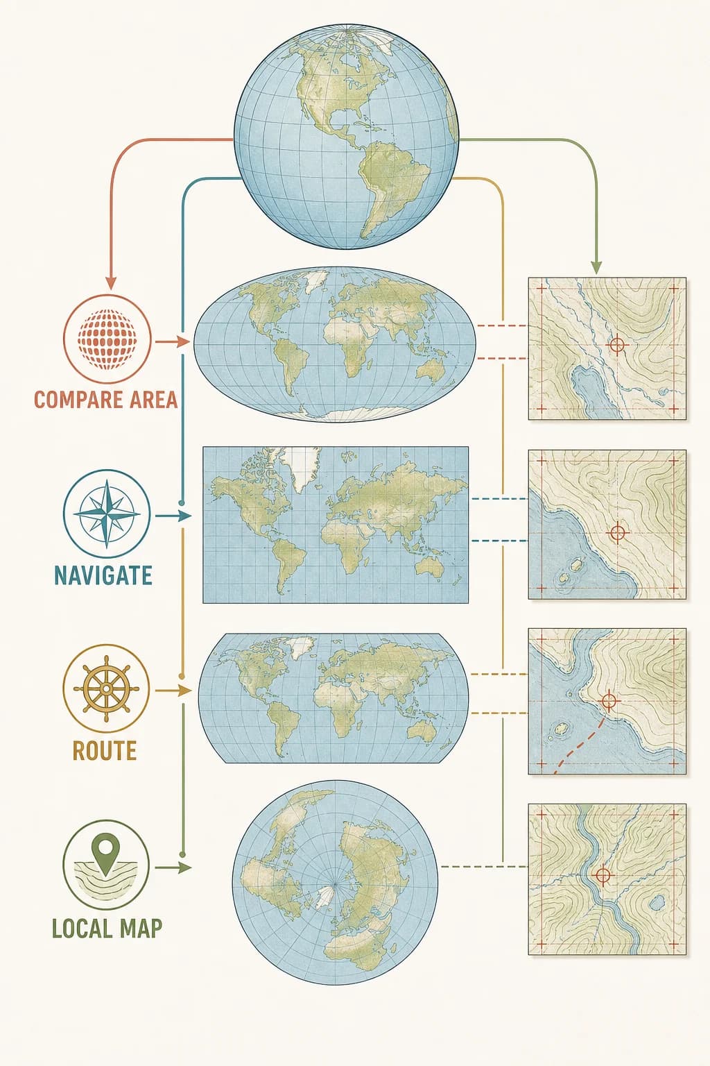Four map purposes select four projection compromises, with small local coverage showing little distortion and a whole-world view showing larger tradeoffs.