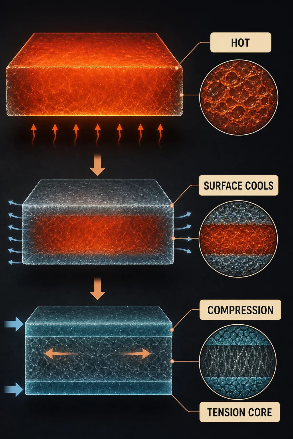 A three-stage through-thickness cutaway shows hot uniform glass, surfaces cooling and locking first, then the final symmetric profile with both outer skins compressed and the interior stretched.