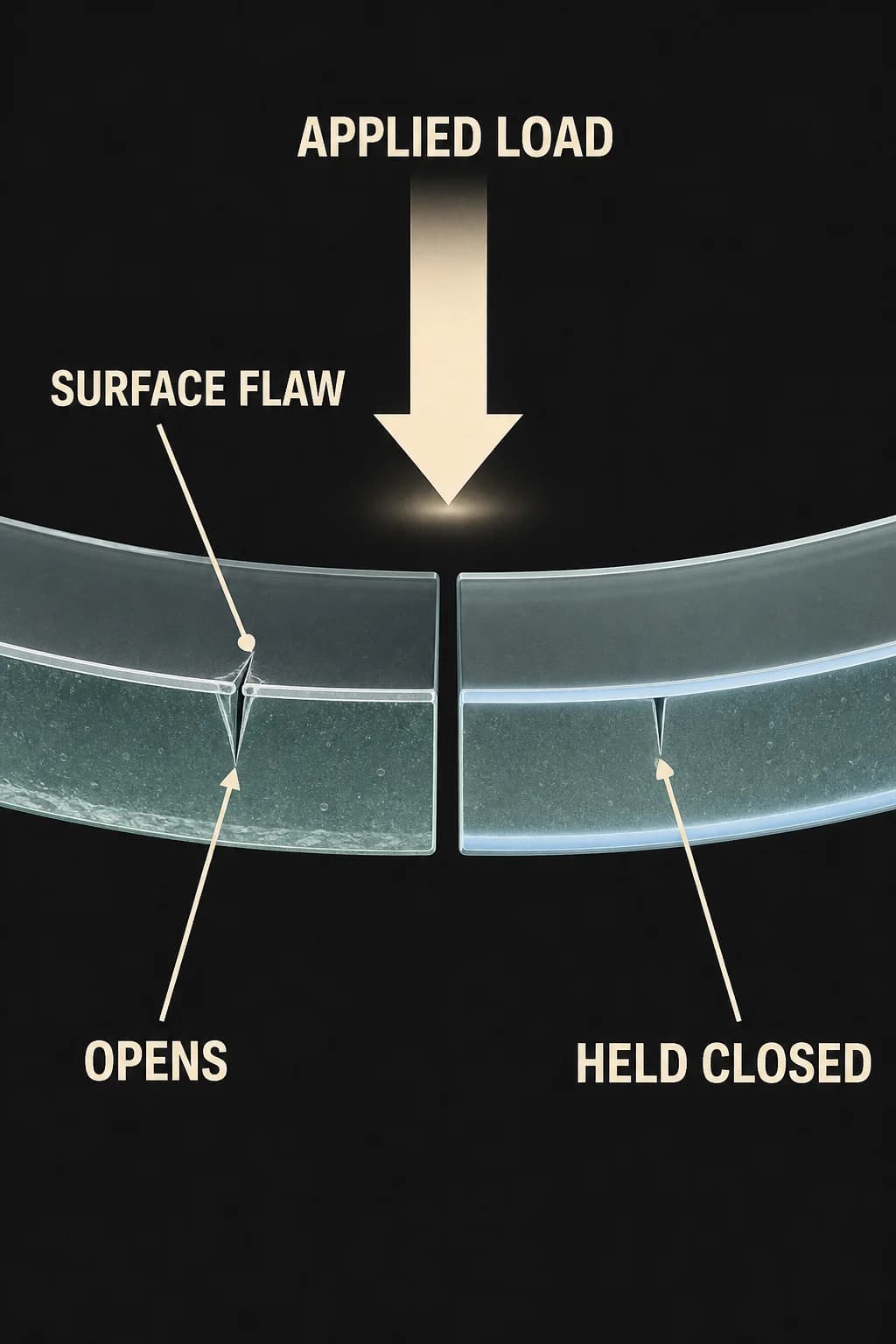 The same surface flaw is compared in annealed and tempered plates under bending: it opens immediately in the annealed surface but remains closed until applied tension exceeds the compressed skin.
