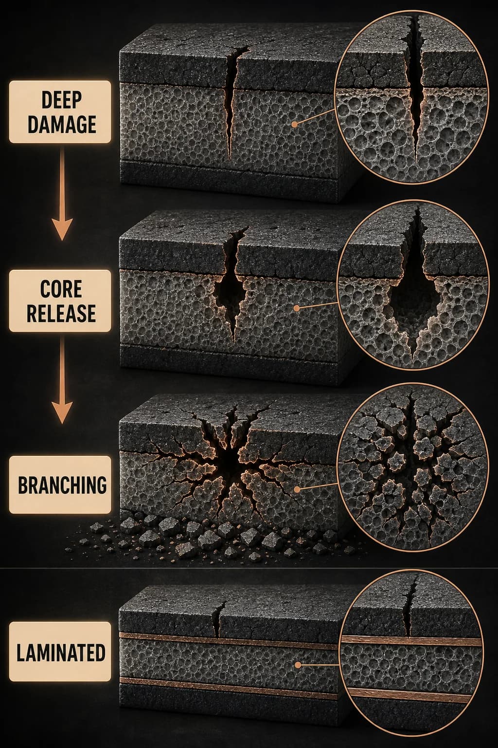 An edge crack crosses the compressed skin into the tensile core, then a branching fracture front rapidly releases the balanced stress field into many small fragments; a laminated comparison remains held by an interlayer.