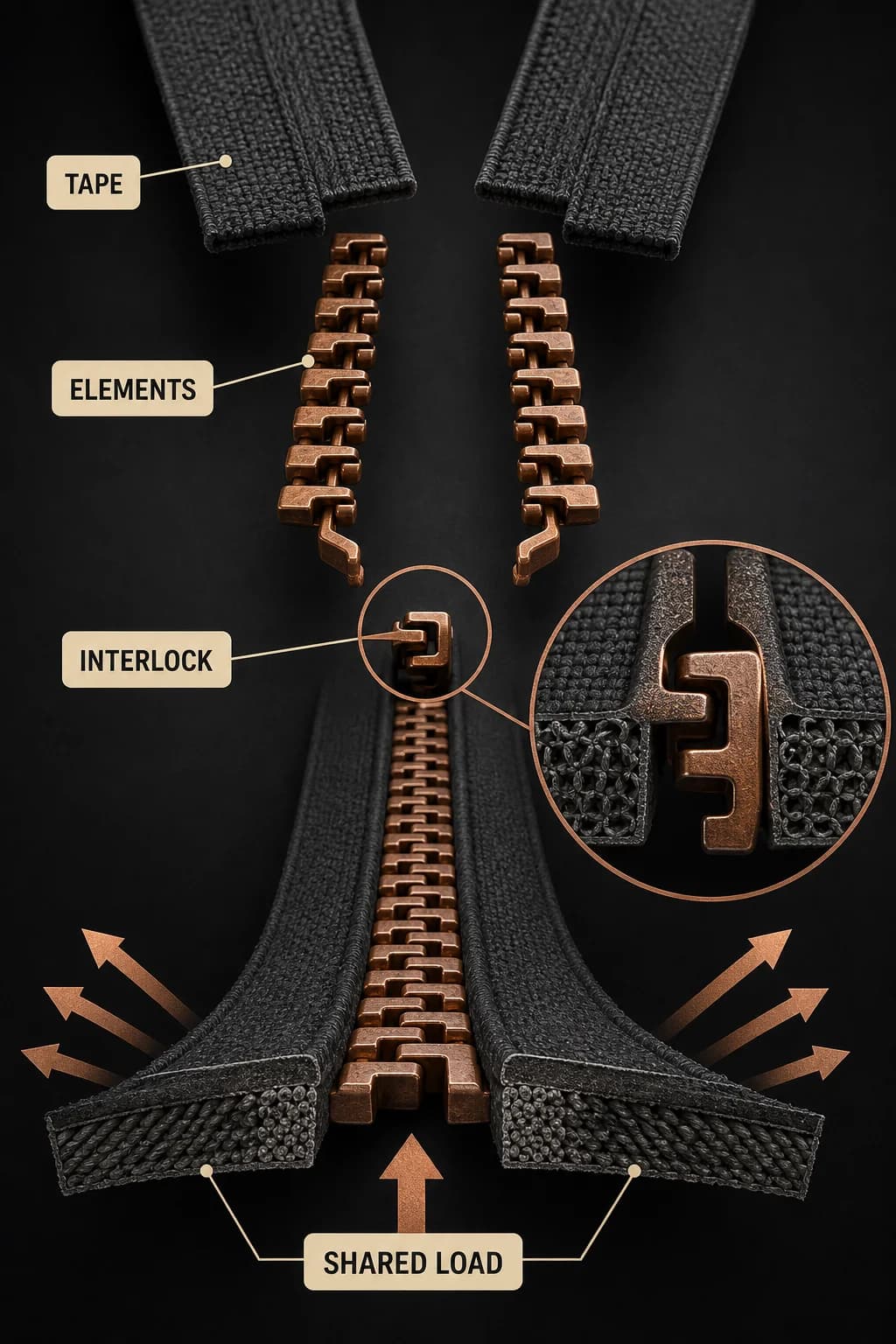 An exploded zipper chain shows two fabric tapes, two aligned element rows, one pair nesting, and a long engaged sequence sharing an opening load into both tapes.