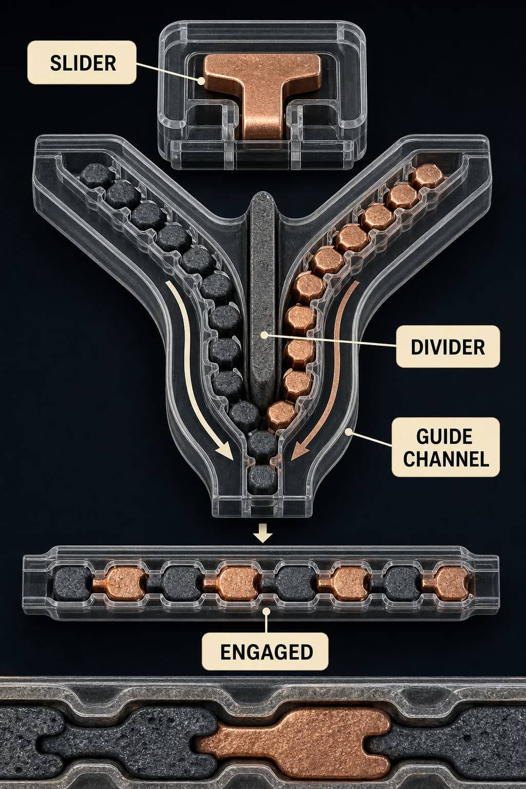 A transparent slider cutaway shows two separated element rows entering the branches of a Y-shaped channel, curving around a central divider, and leaving as one engaged chain.
