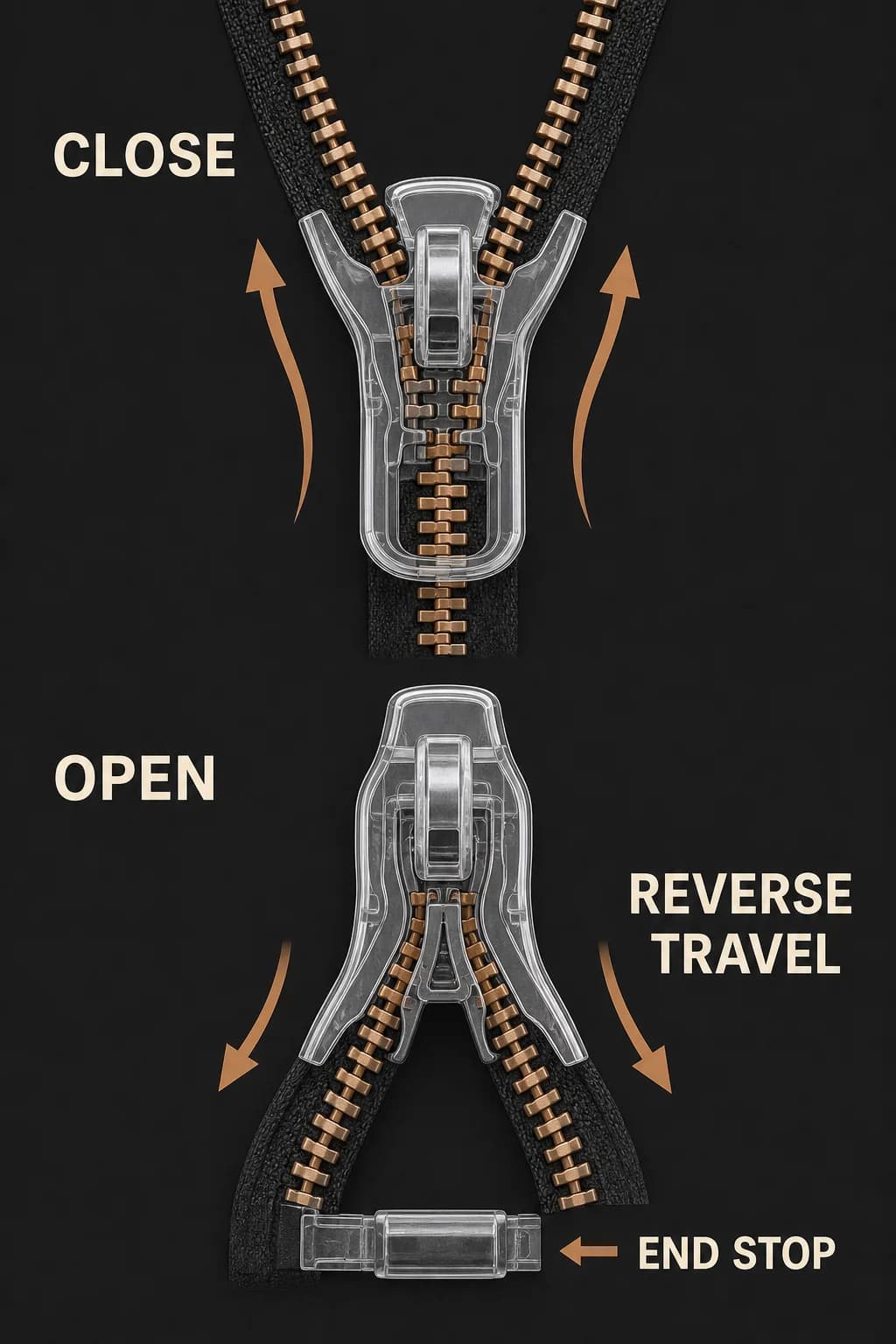 The same slider is shown in opposite travel directions: one direction merges two rows into an engaged chain; reversed travel sends the chain into the divider and separates it, with end stops constraining motion.