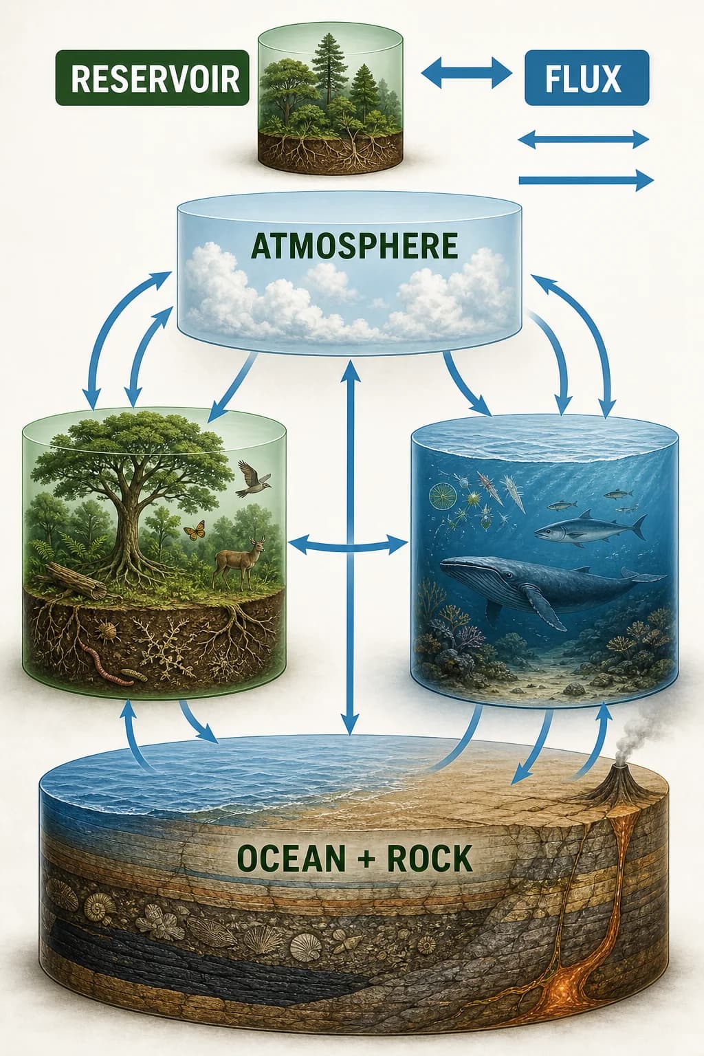 A network map separates carbon reservoirs from the arrows between them; atmosphere, life, ocean, and rock are containers of different sizes linked by two-way and one-way flux paths.