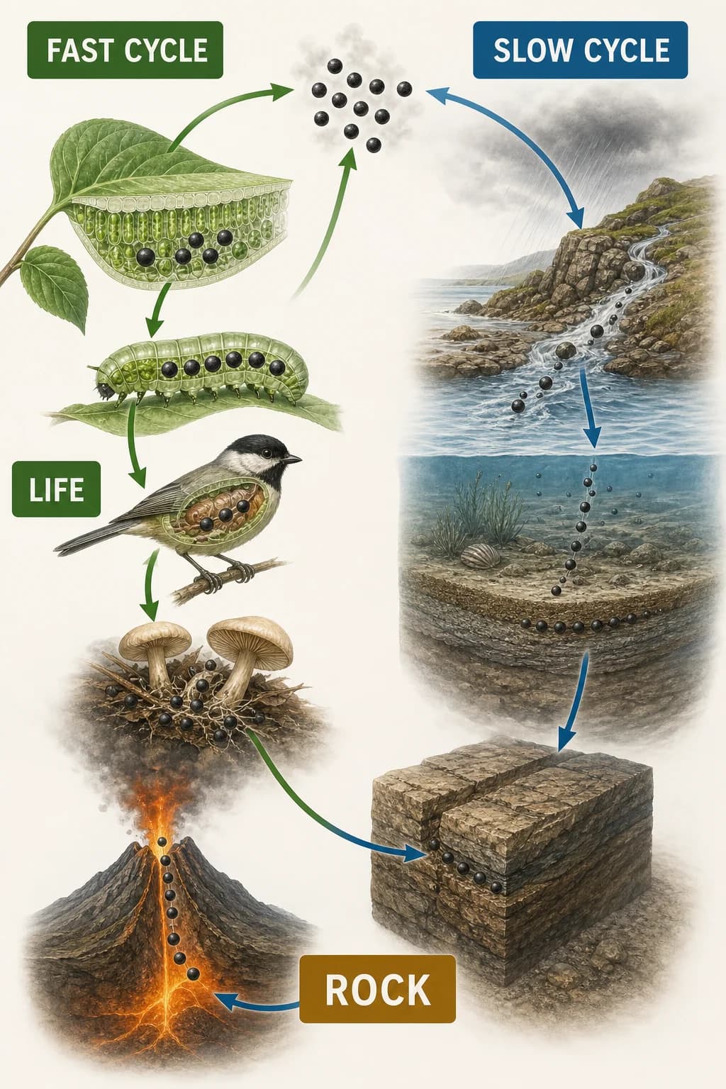 Two synchronized paths follow identical carbon beads: a compact fast loop through air, leaf, food web, and decay beside a long slow arc through weathering, ocean burial, rock, and volcano.