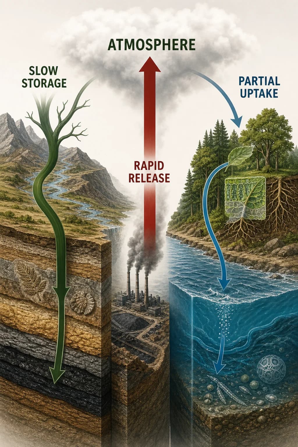 A thin natural return from geologic carbon contrasts with a thick rapid human transfer into the atmosphere; slower plant and ocean uptake arrows absorb only part of the pulse over different timescales.