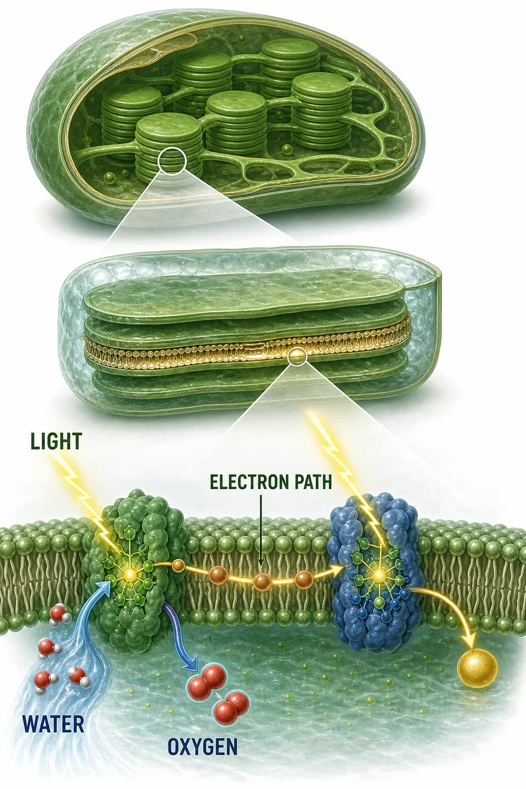A chloroplast cutaway zooms into a thylakoid membrane where photons excite two photosystems in sequence, water supplies electrons, oxygen exits, and the electron path ends at NADPH.