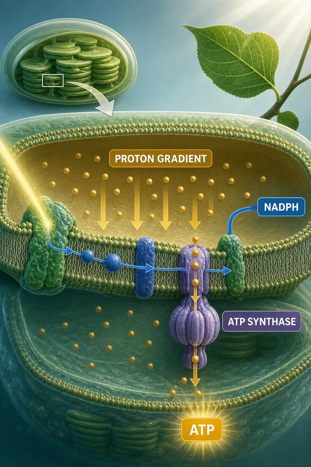 A thylakoid membrane accumulates protons on one side; their return through ATP synthase drives ATP production while the separate electron path supplies NADPH.