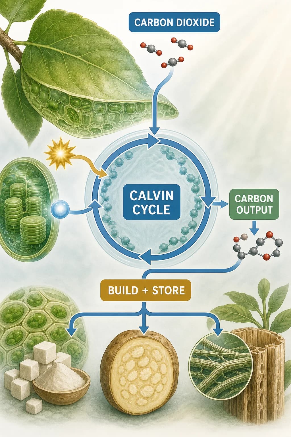 ATP and NADPH feed a circular carbon-fixation pathway that accepts carbon dioxide, regenerates its starting acceptor, and sends carbon-rich output toward sugar, starch, and cellulose branches.