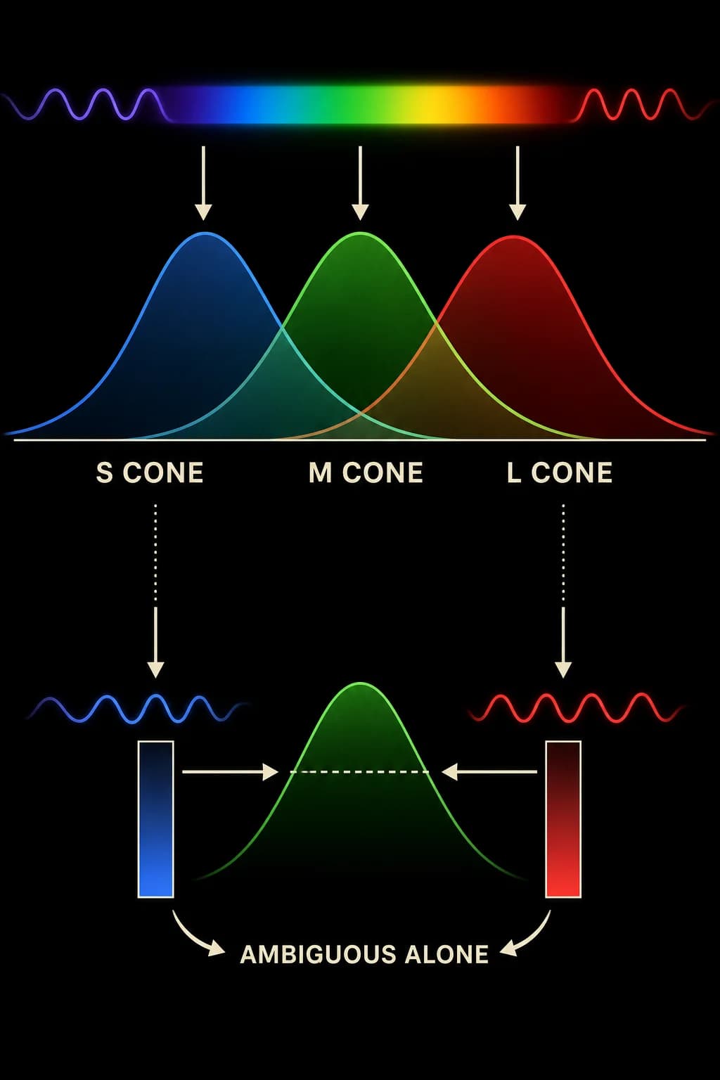 One spectrum crosses three broadly overlapping receptor curves; identical response height in one cone can come from two different wavelength-intensity combinations.