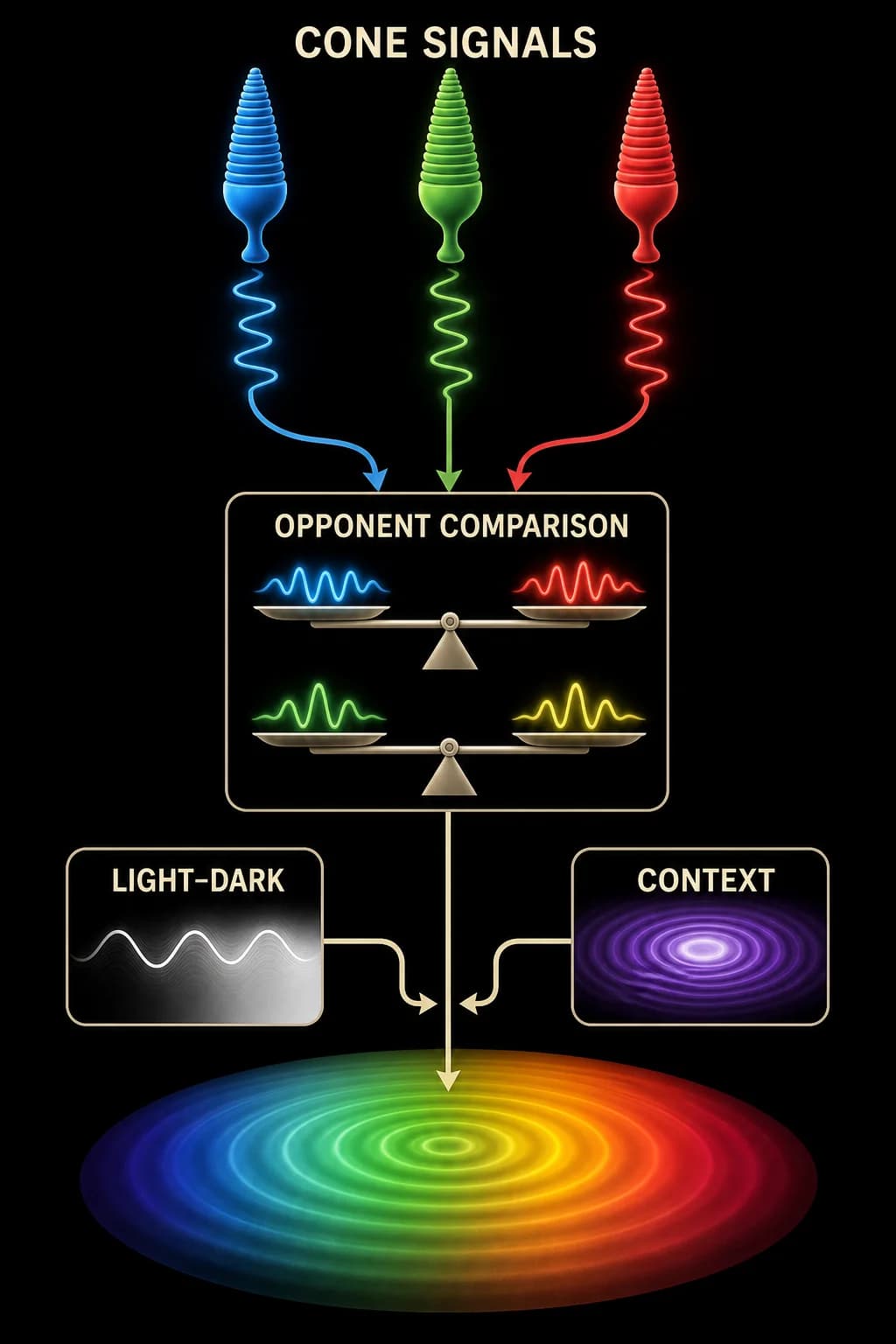 Three cone channels enter one central opponent-comparison block containing two unlabeled balances. Its output joins separate light-dark and context paths at one perceived surface. Print each requested label once only.