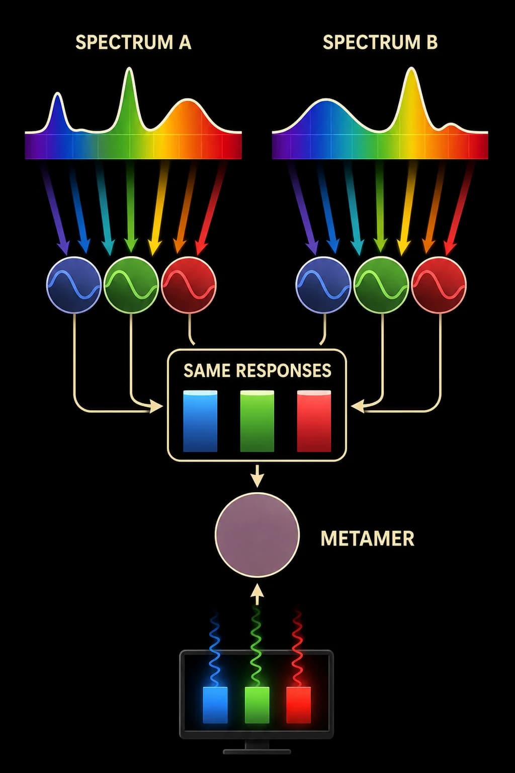Two visibly different spectral bar patterns converge onto the same three cone-response totals and the same color patch; an RGB display follows the same route.