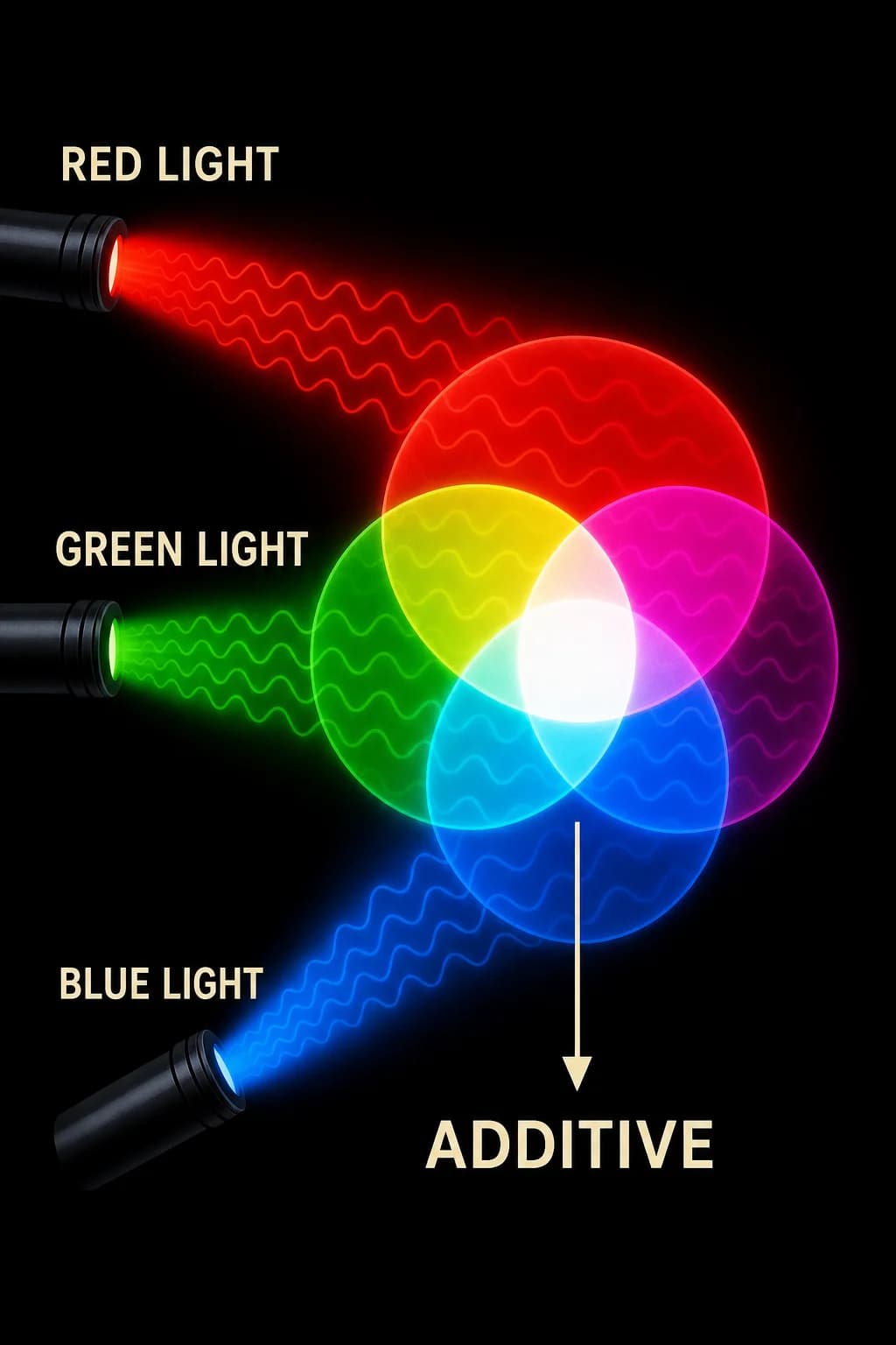Three emitted beams overlap on a dark field: pairs create cyan, magenta, and yellow response regions, while all three meet in one bright neutral center.