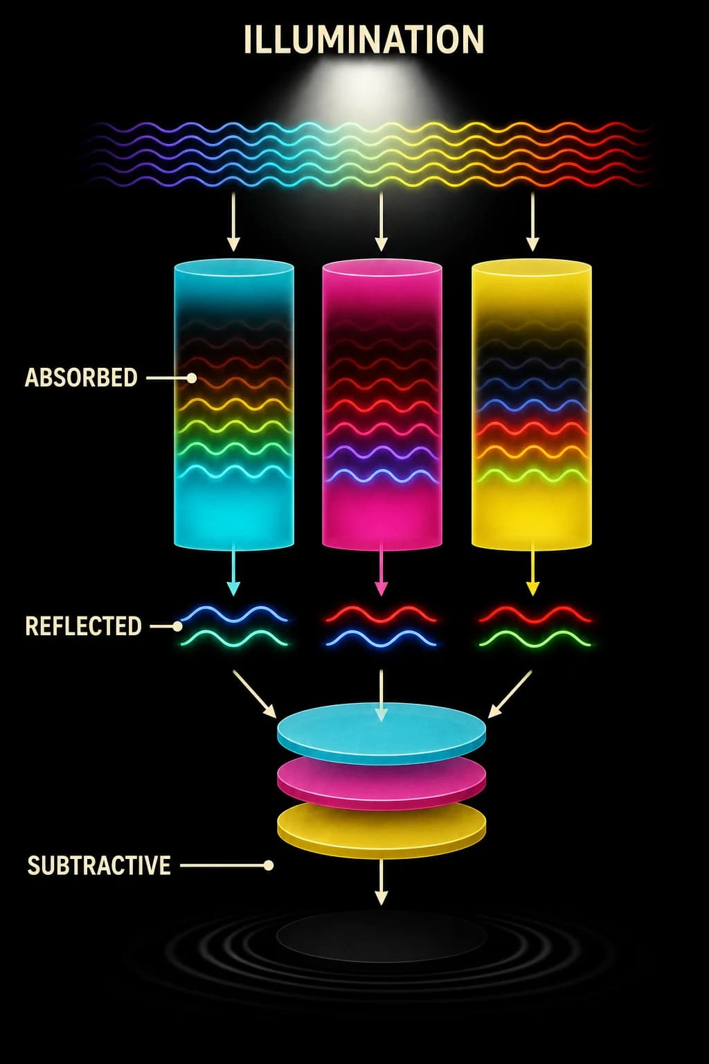 Ideal pigment chart: white light enters cyan, magenta, and yellow columns. Cyan reflects blue+green; magenta reflects red+blue; yellow reflects red+green. A combined CMY stack returns almost no light, never a full rainbow.