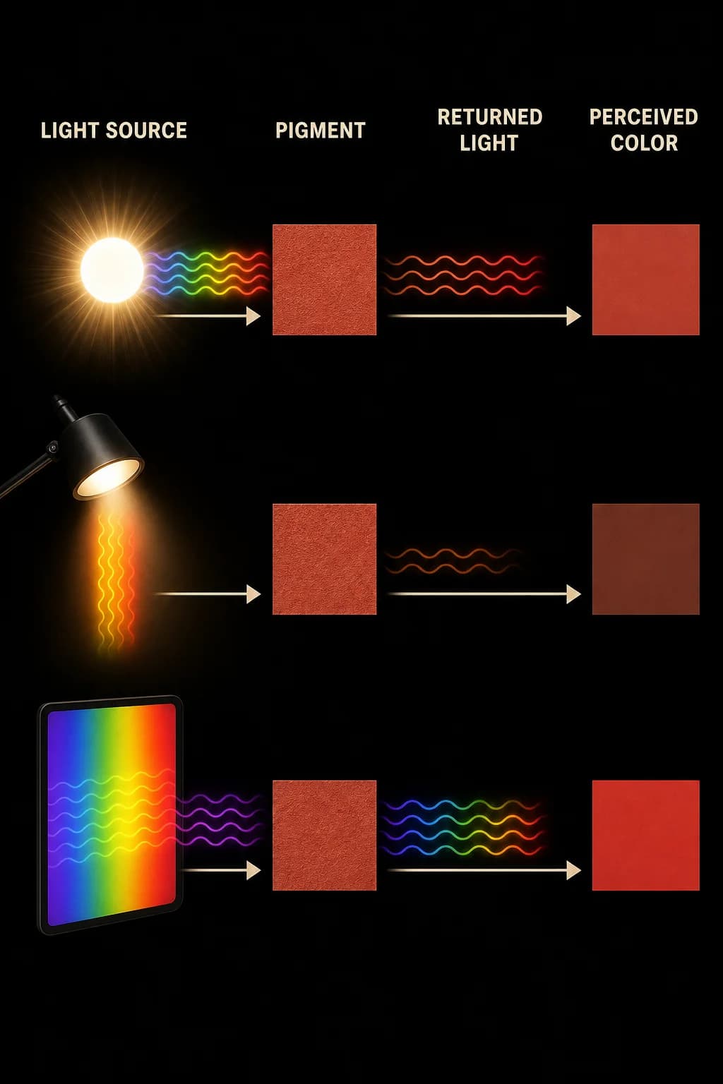 The same pigment swatch sits under broad daylight and a narrow lamp; returned spectra and perceived patches differ, while a self-emitting screen forms a third path.