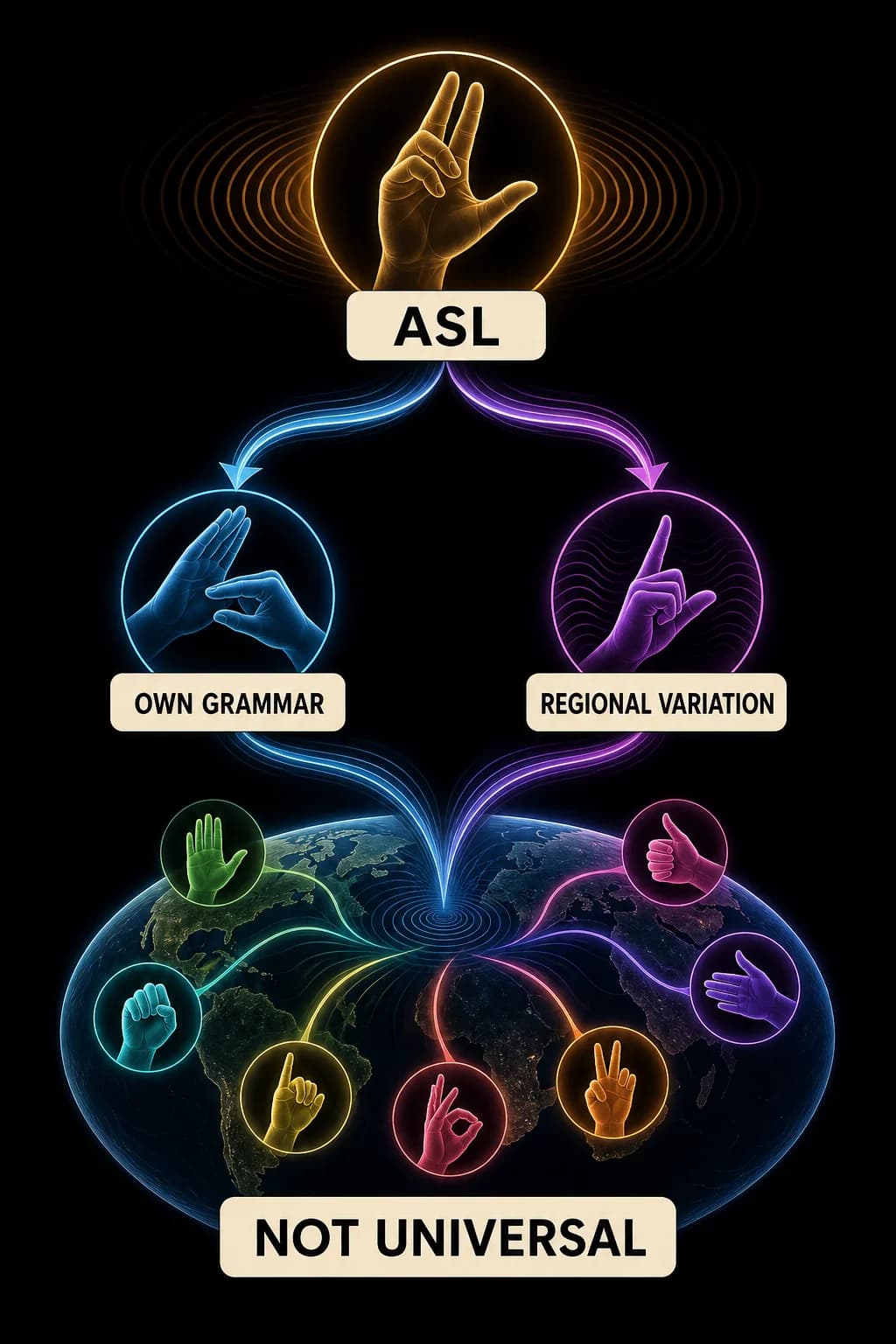 One ASL language tree branches into grammar and regional variation; separate colored hand nodes across a globe show multiple signed languages. No second tree label or other language name.