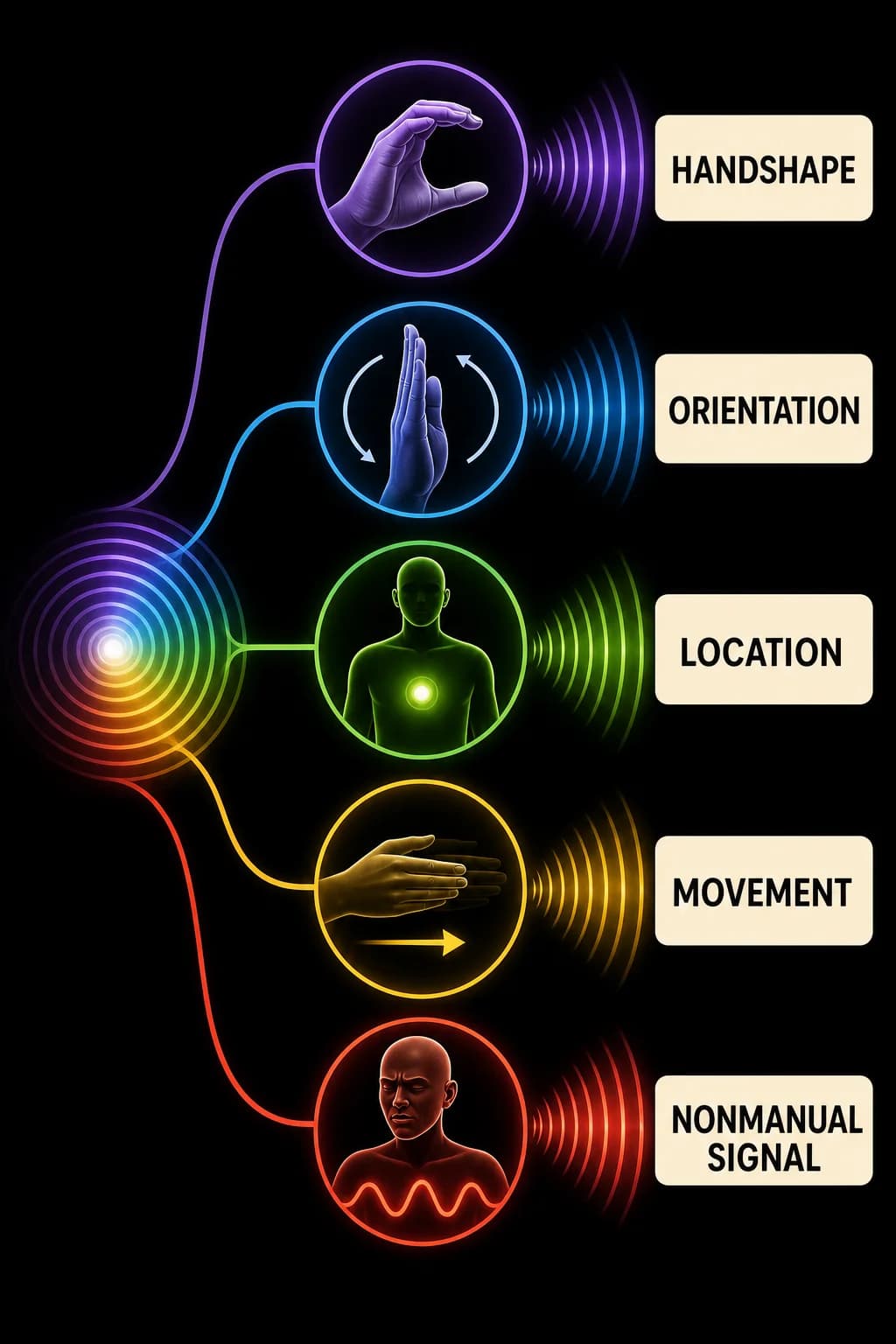 Five abstract tiles, never real lexical signs, separately show handshape, orientation, location, movement, and a face-and-body timing track for nonmanual grammar.