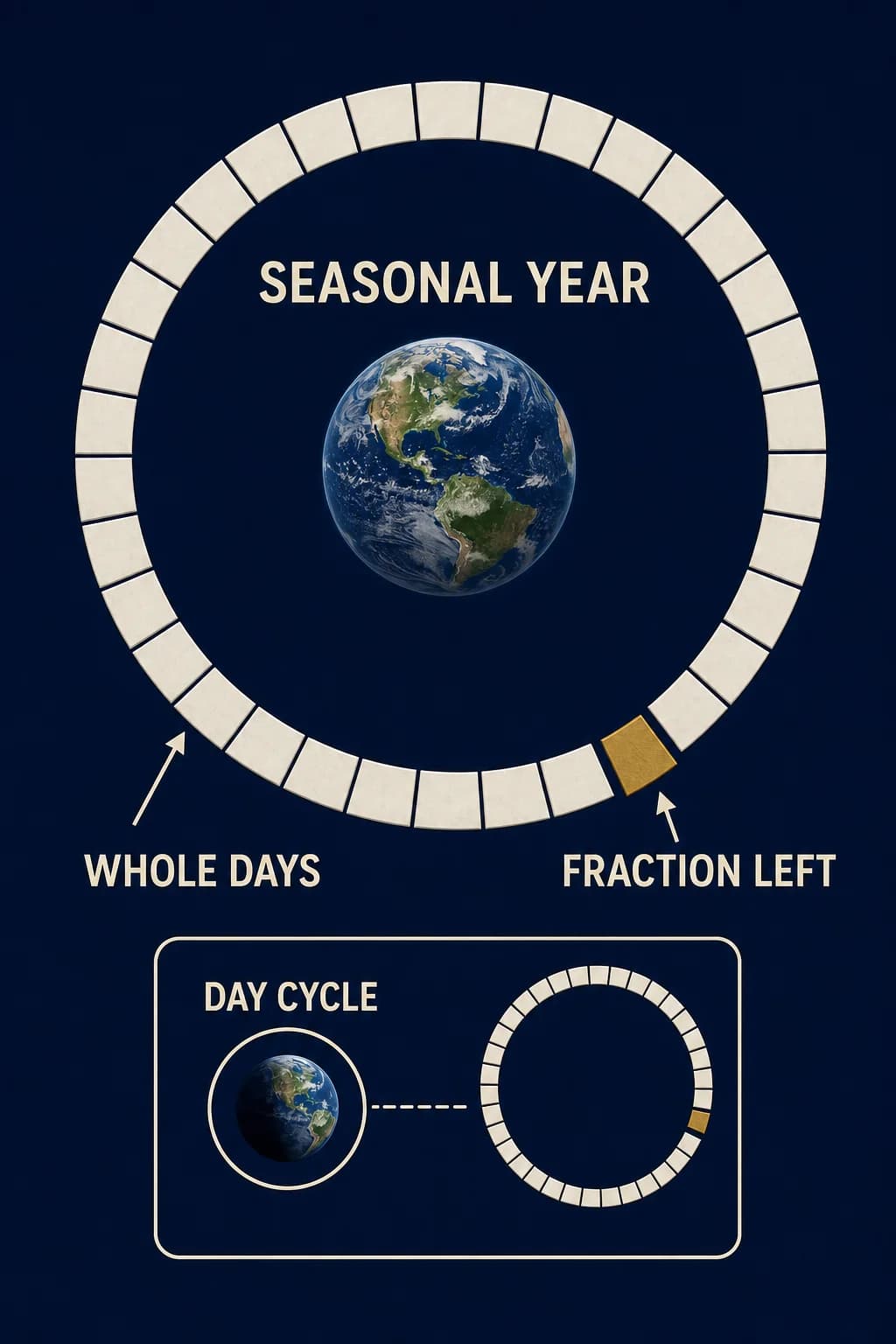 One seasonal orbit is tiled with whole day blocks; after the last full block, a visible fractional gap remains before the orbit closes.