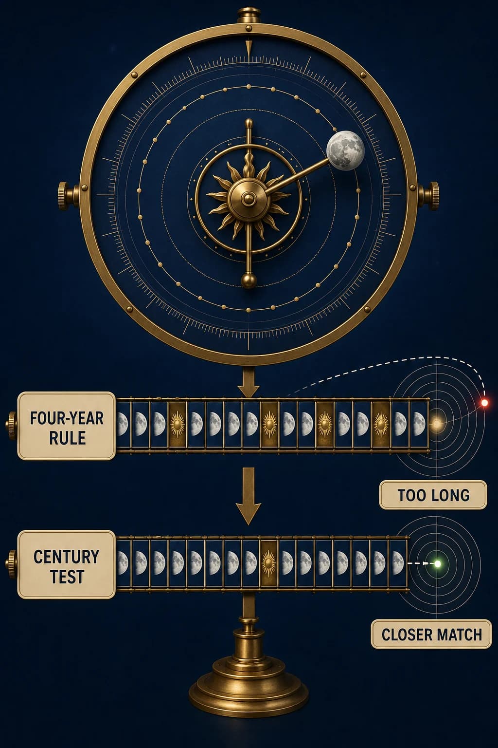 Compare two four-century day-tile tracks: the simple every-fourth-year rule adds too many correction tiles, while the century exception removes three and lands much closer to the seasonal target.