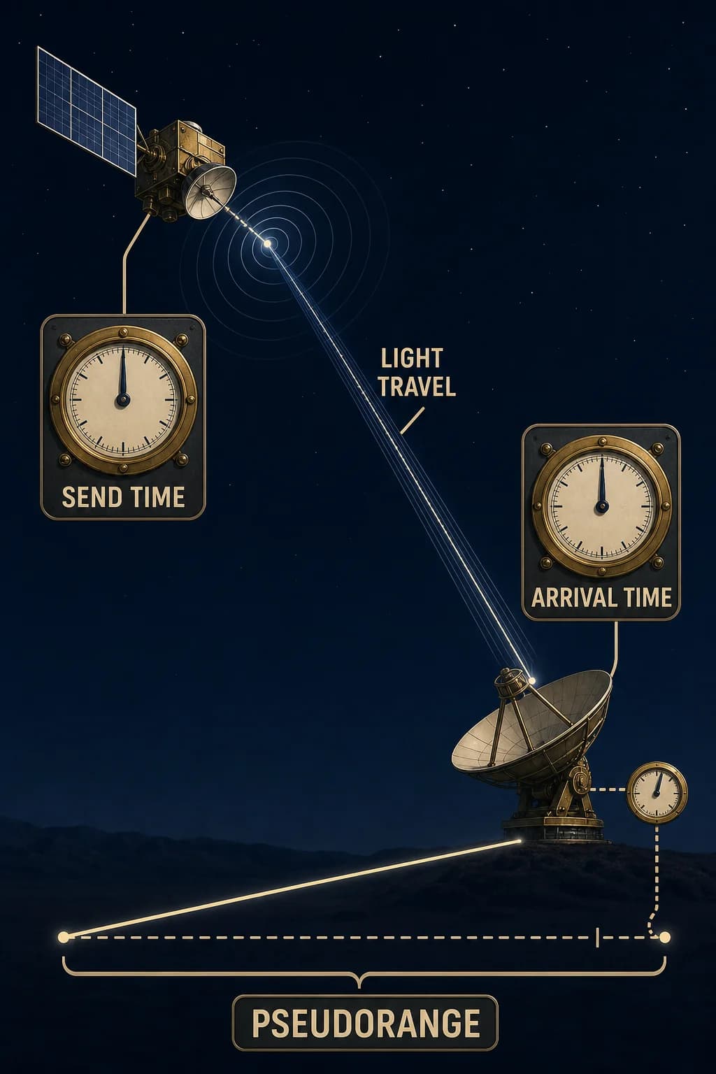A satellite broadcasts one departure pulse and position; a receiver records arrival, turns the travel interval into a long range line, and shows a small clock offset added to the apparent range.