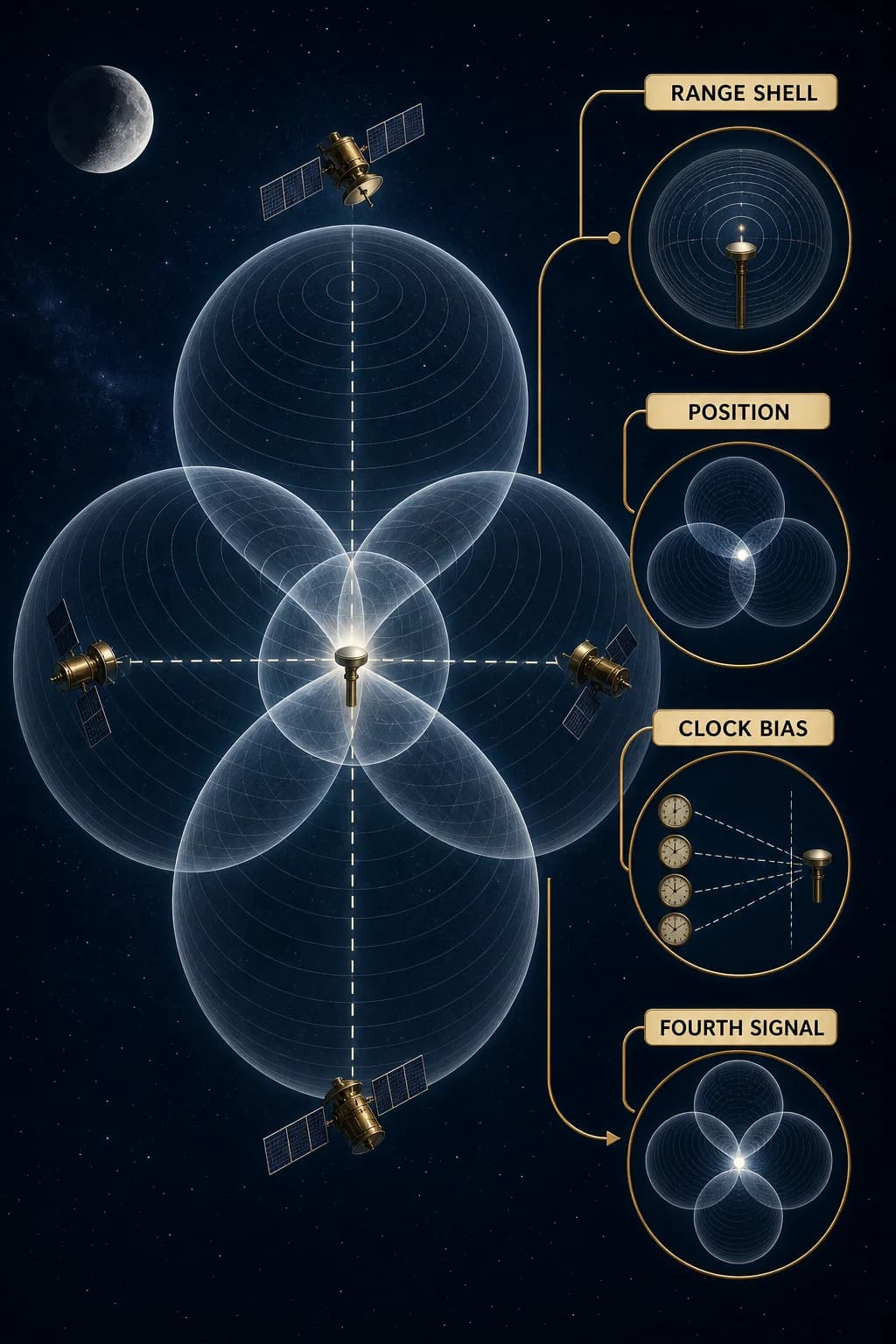 Four satellite range shells converge around one receiver; three constrain spatial coordinates while the fourth collapses a visible receiver-clock offset so all shells intersect consistently.