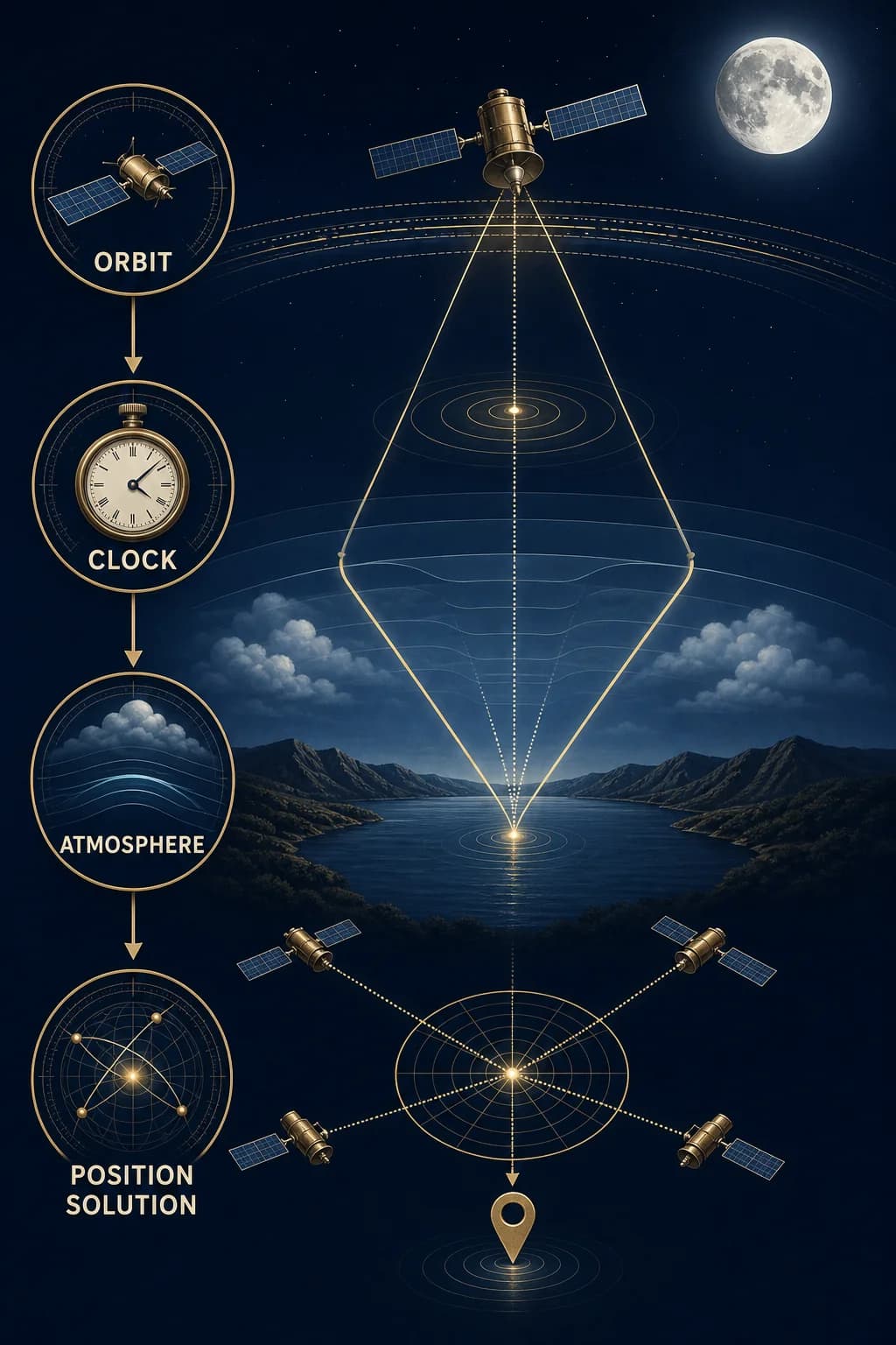 Raw satellite timing paths pass through orbit, clock, atmosphere, and reflection correction layers before a multi-satellite solver produces a position; a compass icon is explicitly absent.