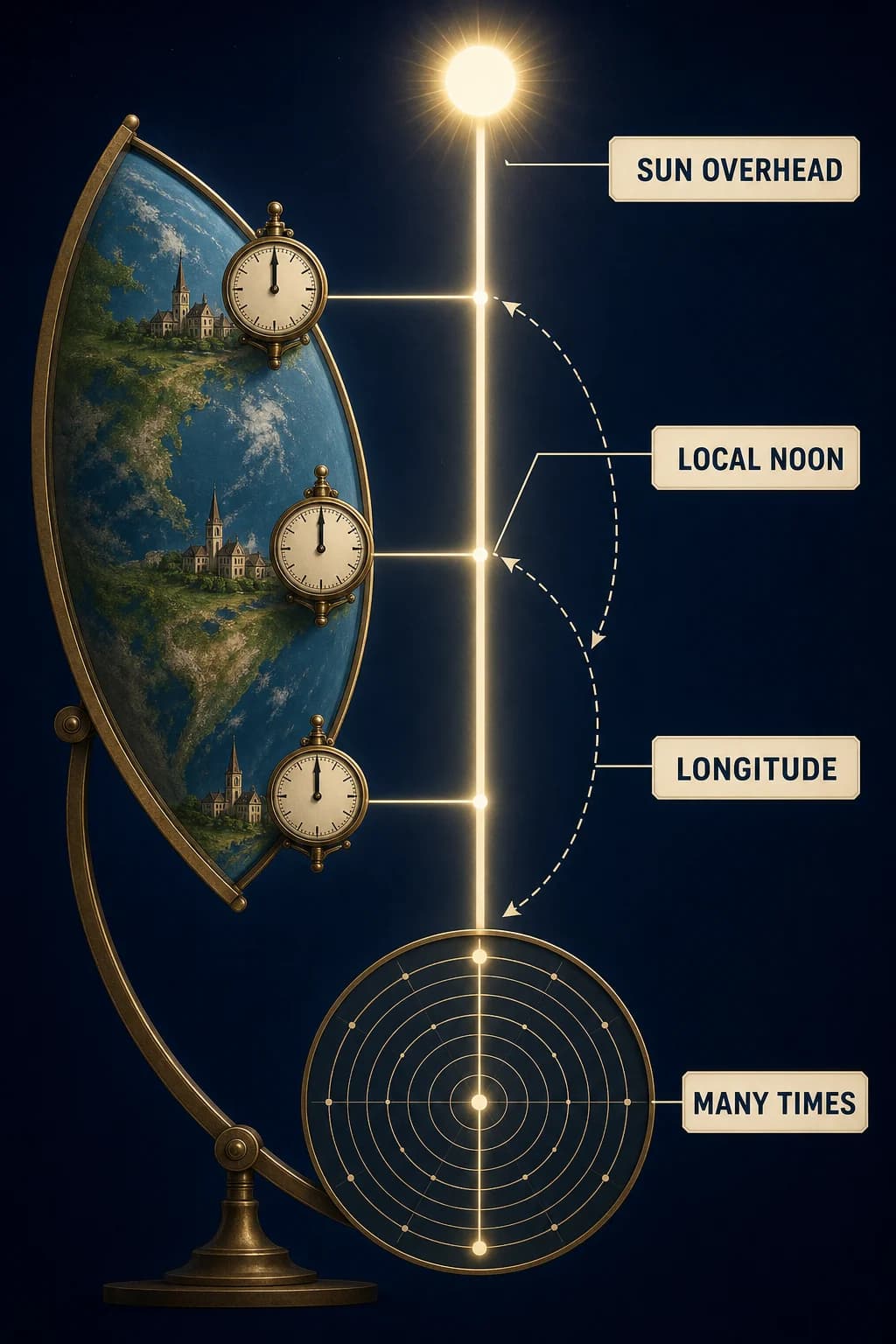 A rotating Earth slice places three towns at different longitudes; the overhead Sun line reaches each town at a different moment and each local clock is centered on its own noon.
