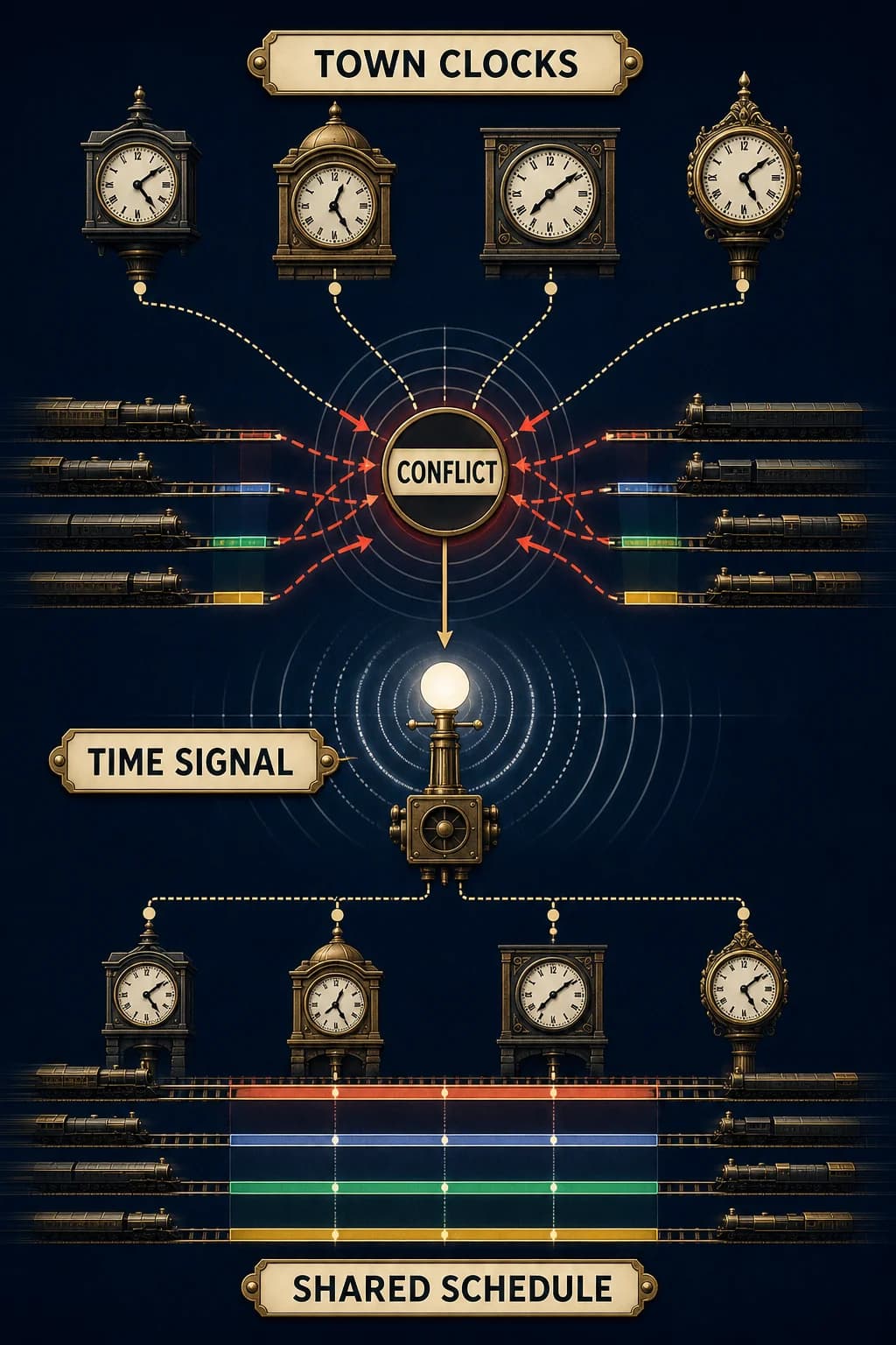 Several incompatible town clocks feed one railway timetable and create conflicting track windows; one distributed time signal aligns stations onto a shared schedule.